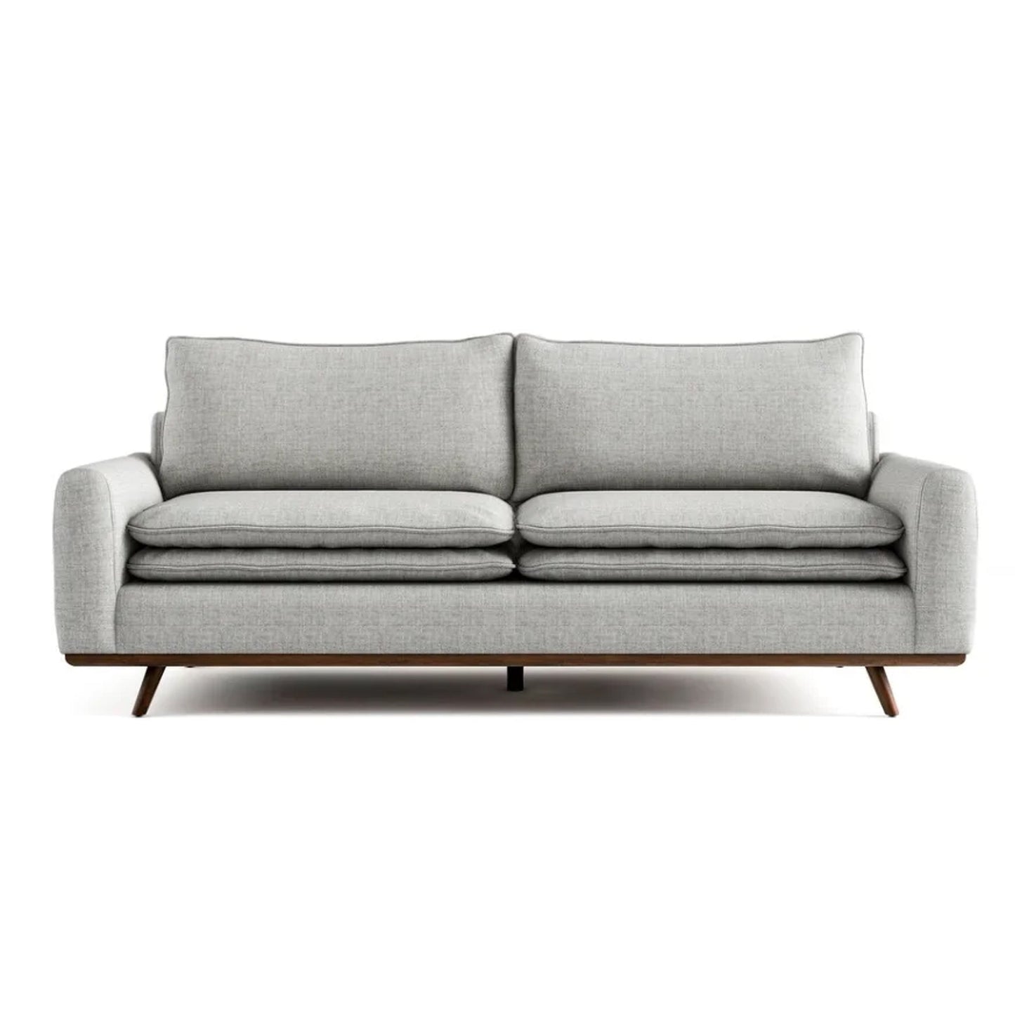 Canapé Yaana avec coussins en plumes mélangées, bois brun foncé, gris, 210 cm