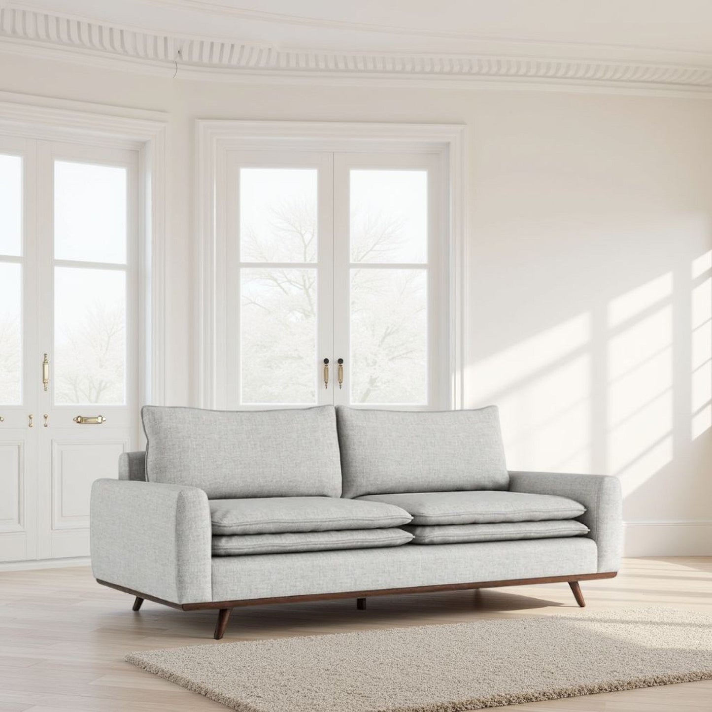 Canapé Yaana avec coussins en plumes mélangées, bois brun foncé, gris, 210 cm