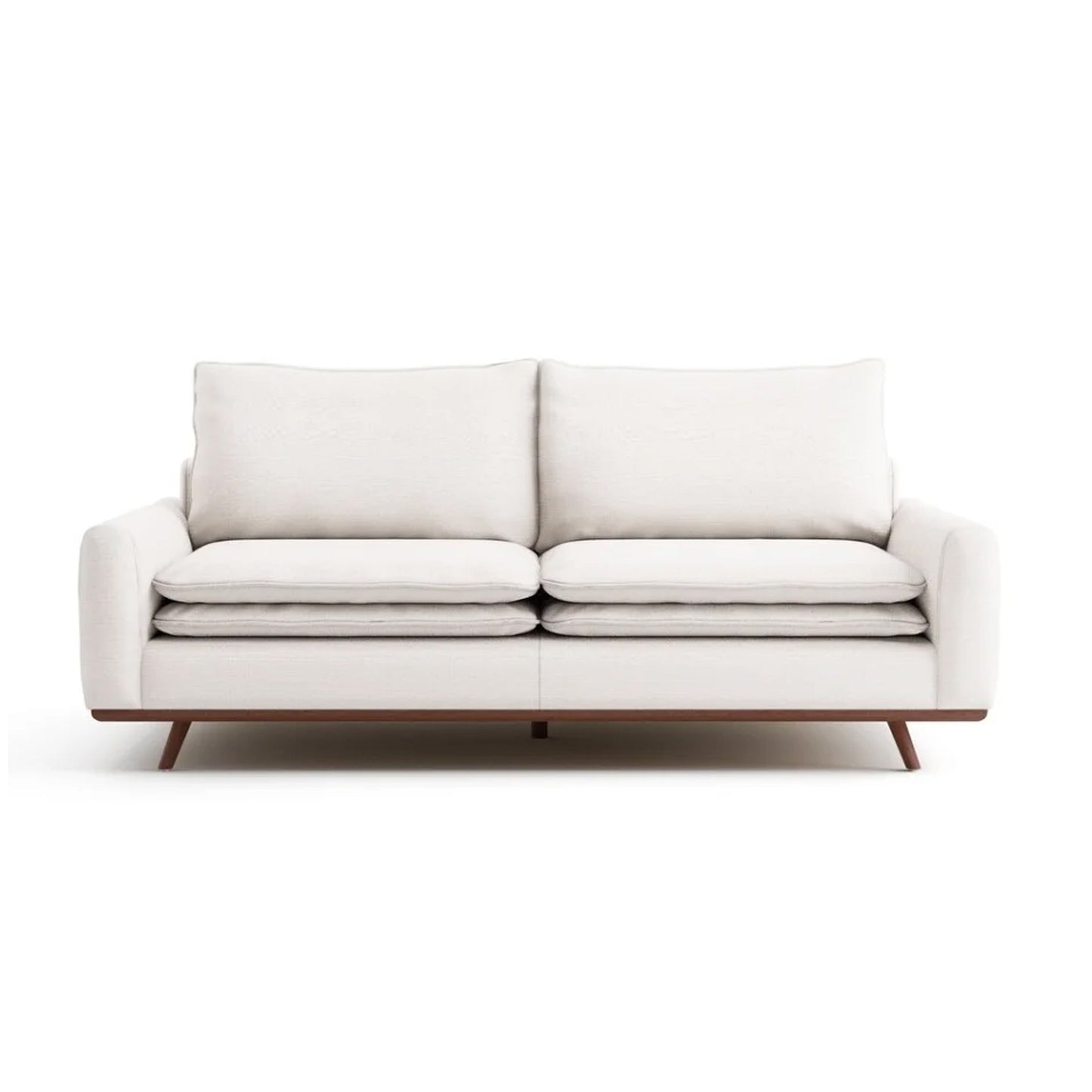 Canapé Yaana avec coussins en plumes, bois brun foncé, blanc, 210 cm