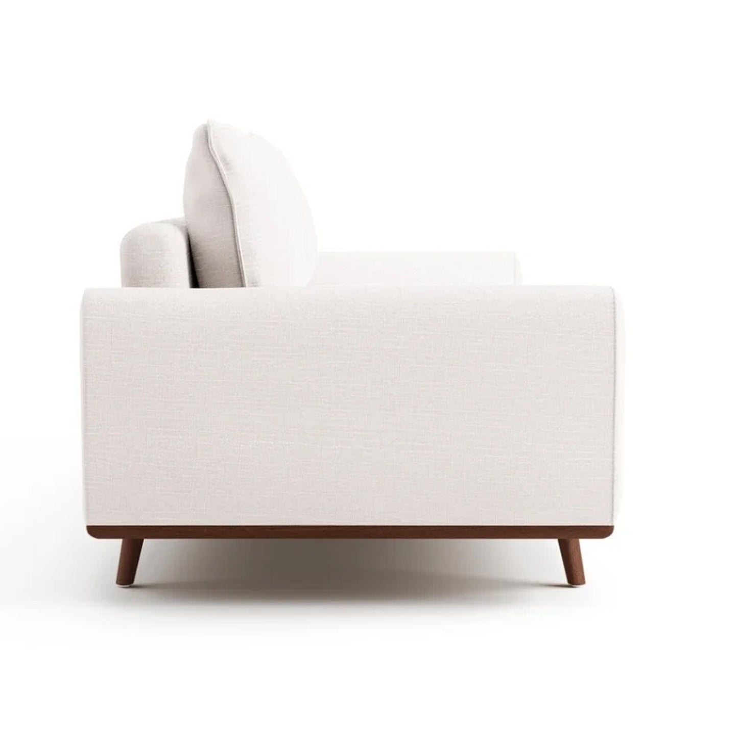 Canapé Yaana avec coussins en plumes, bois brun foncé, blanc, 210 cm
