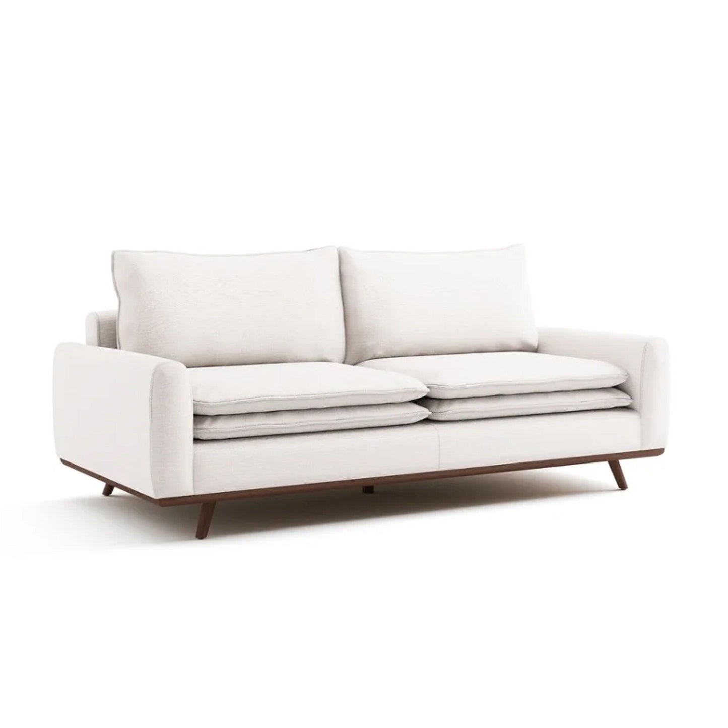 Canapé Yaana avec coussins en plumes, bois brun foncé, blanc, 210 cm