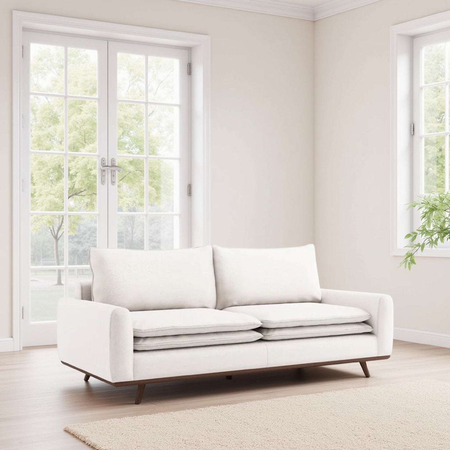 Canapé Yaana avec coussins en plumes, bois brun foncé, blanc, 210 cm
