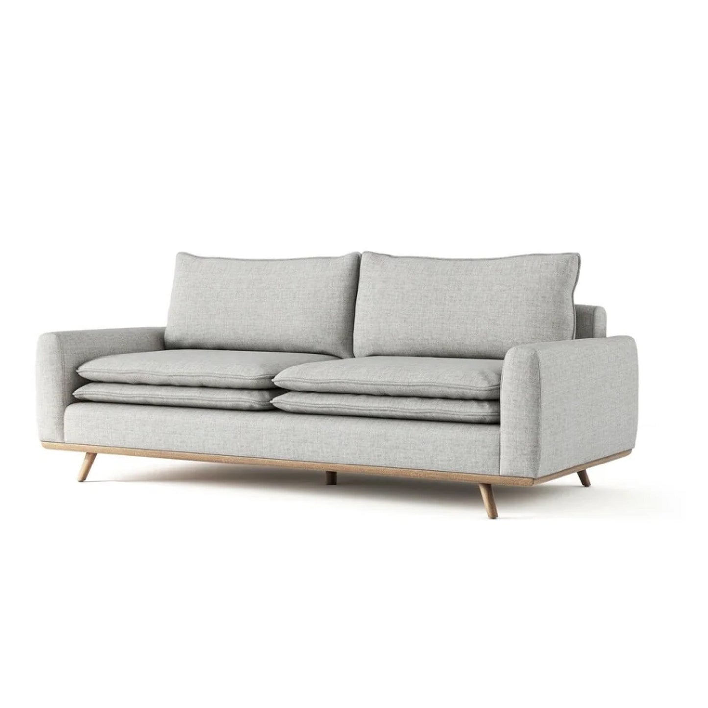 Canapé Yaana, coussin en plumes mélangées, bois de chêne brun, tissu gris, 210 cm