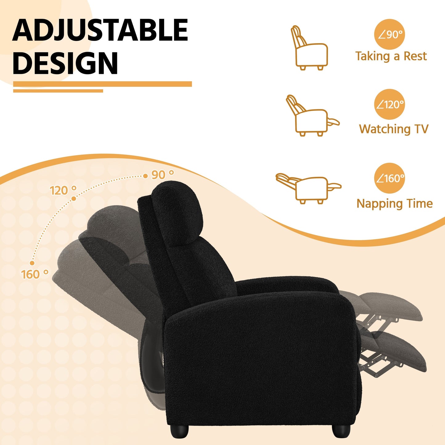 Canapé inclinable rembourré Yaheetech Boucle, fauteuil inclinable réglable, ivoire