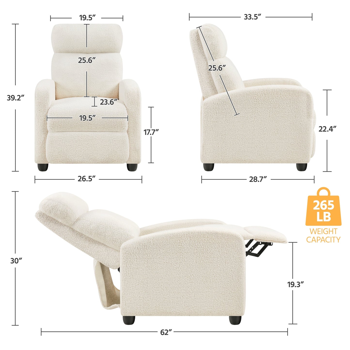 Canapé inclinable rembourré Yaheetech Boucle, fauteuil inclinable réglable, ivoire
