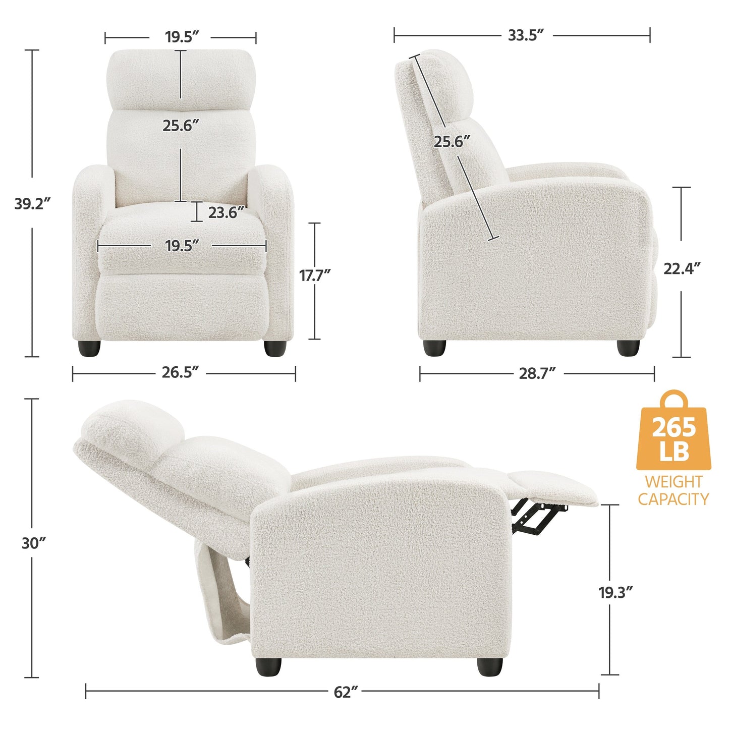 Canapé inclinable rembourré Yaheetech Boucle, fauteuil inclinable réglable, ivoire