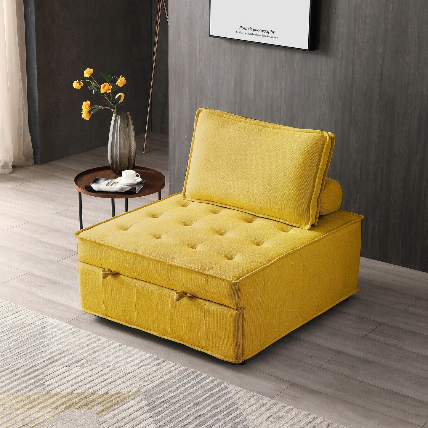 Canapé-lit gigogne simple multifonction jaune 39 pouces avec dossier réglable et oreiller pour salon