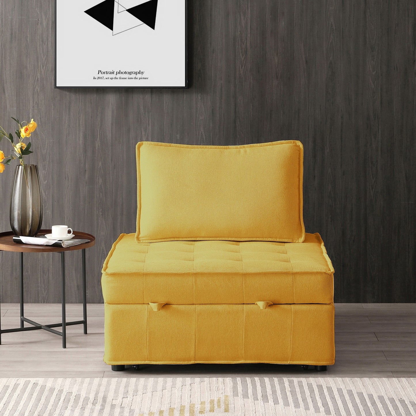 Canapé-lit gigogne simple multifonction jaune 39 pouces avec dossier réglable et oreiller pour salon