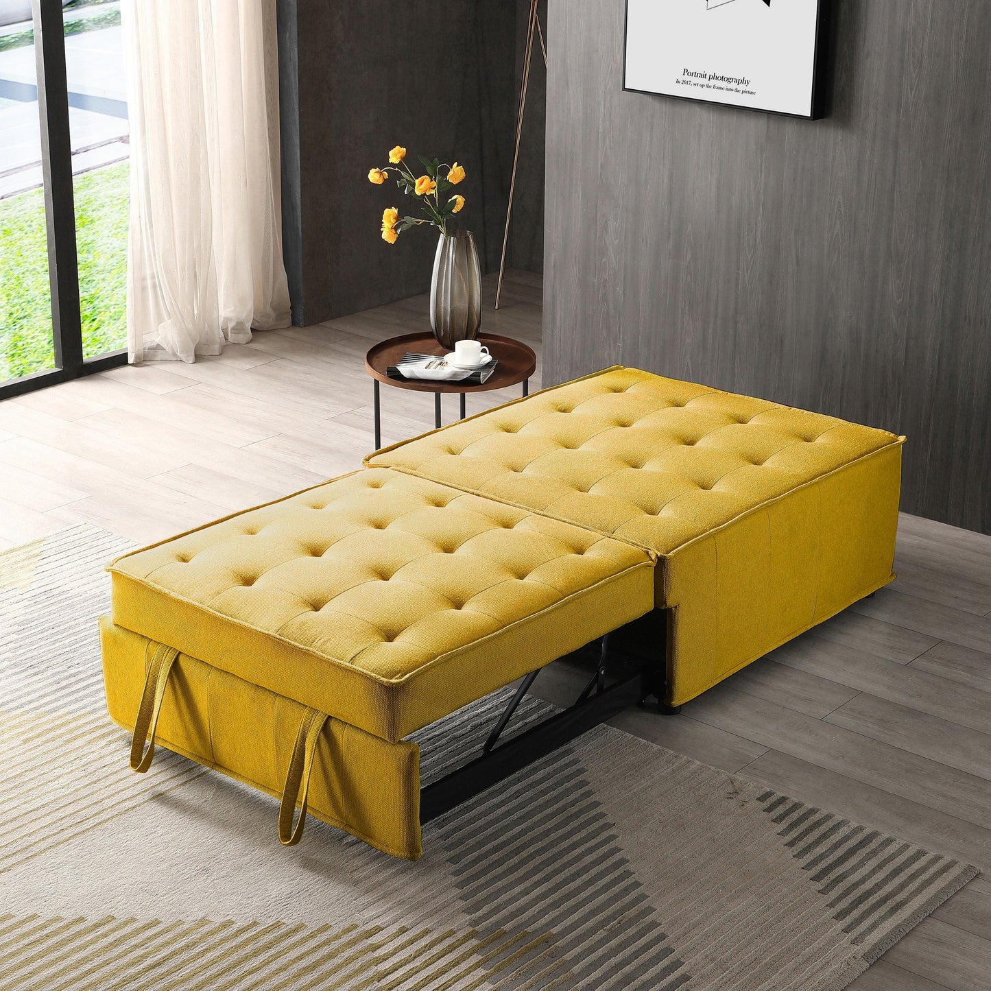 Canapé-lit gigogne simple multifonction jaune 39 pouces avec dossier réglable et oreiller pour salon