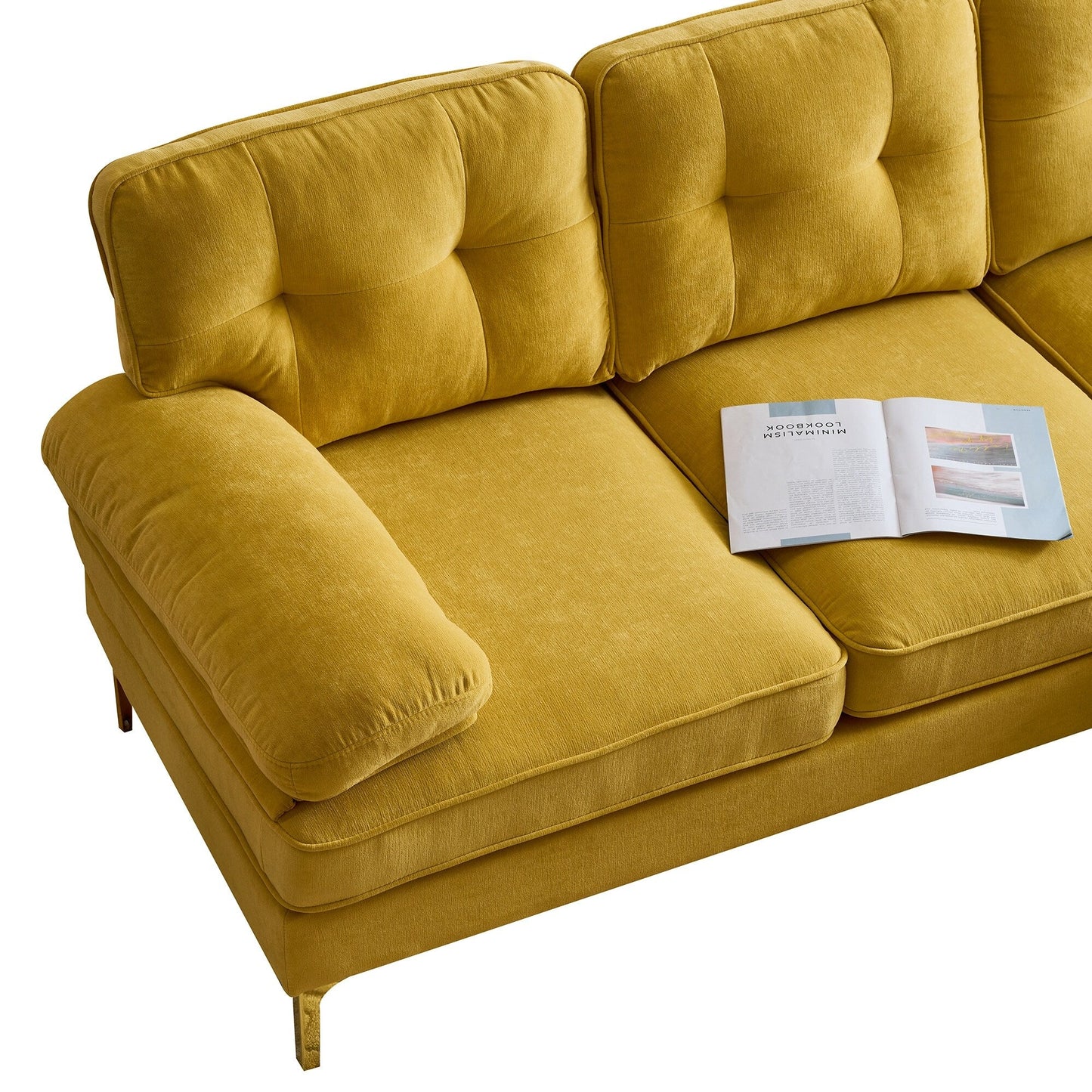 Canapé sectionnel 3 places en velours jaune 83 pouces, avec dossier et accoudoirs amovibles, coussins en mousse souple et pieds en métal