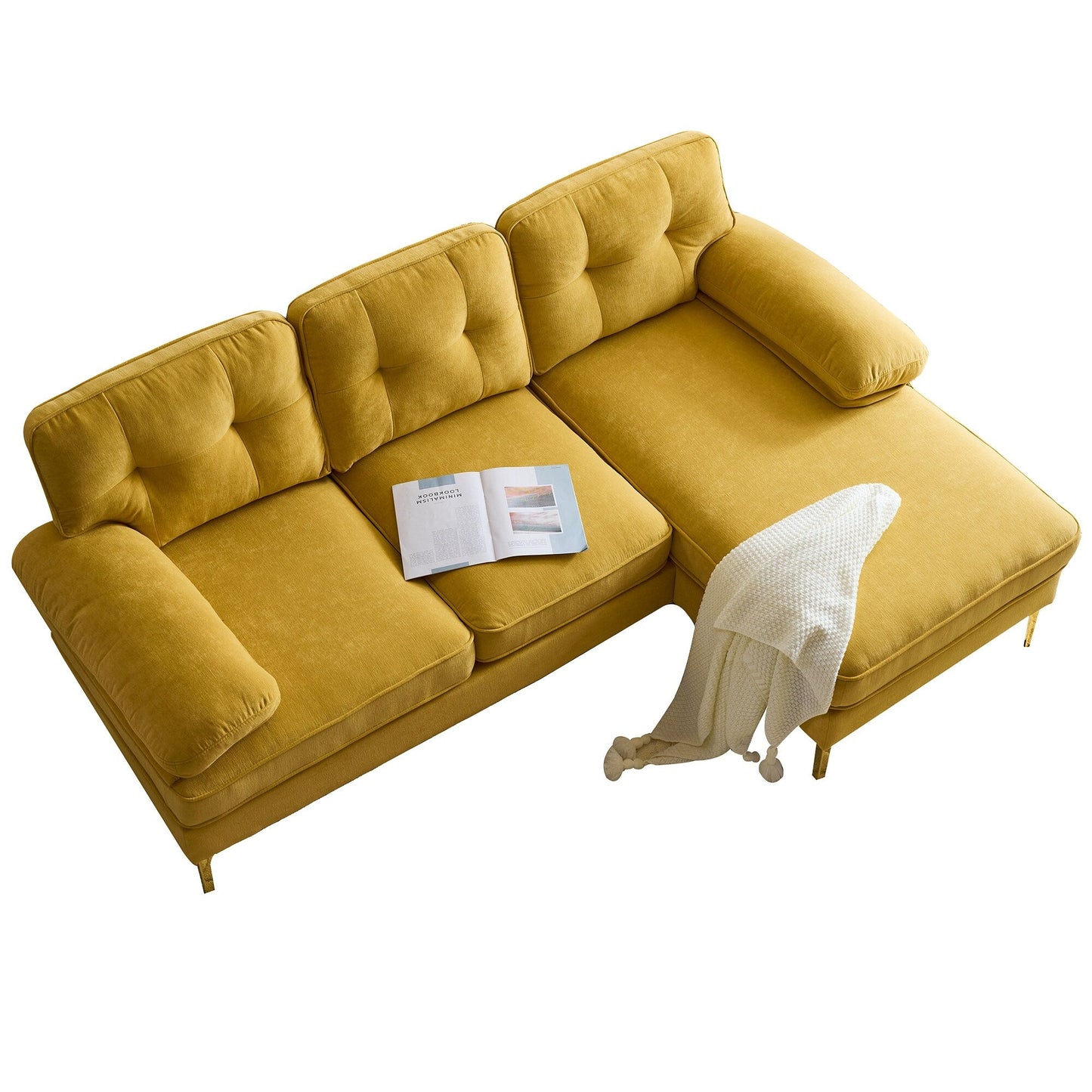 Canapé sectionnel 3 places en velours jaune 83 pouces, avec dossier et accoudoirs amovibles, coussins en mousse souple et pieds en métal