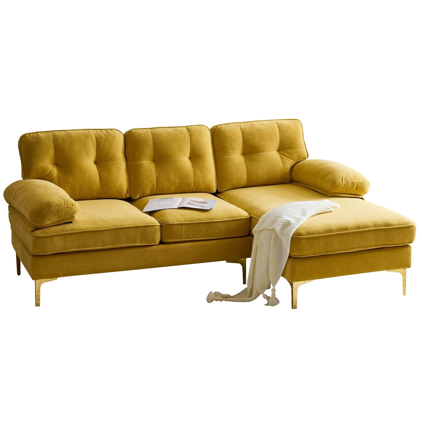 Canapé sectionnel 3 places en velours jaune 83 pouces, avec dossier et accoudoirs amovibles, coussins en mousse souple et pieds en métal