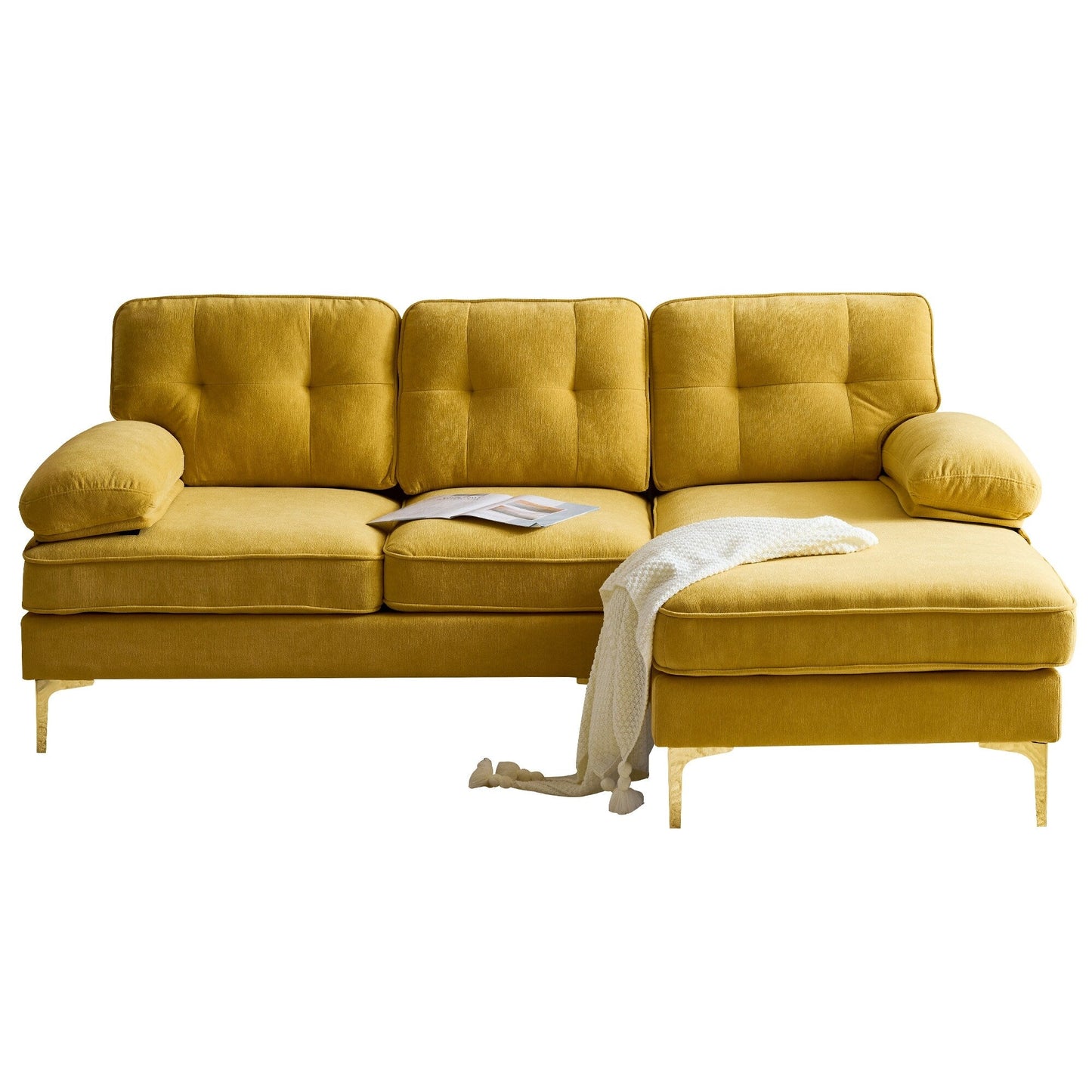 Canapé sectionnel 3 places en velours jaune 83 pouces, avec dossier et accoudoirs amovibles, coussins en mousse souple et pieds en métal