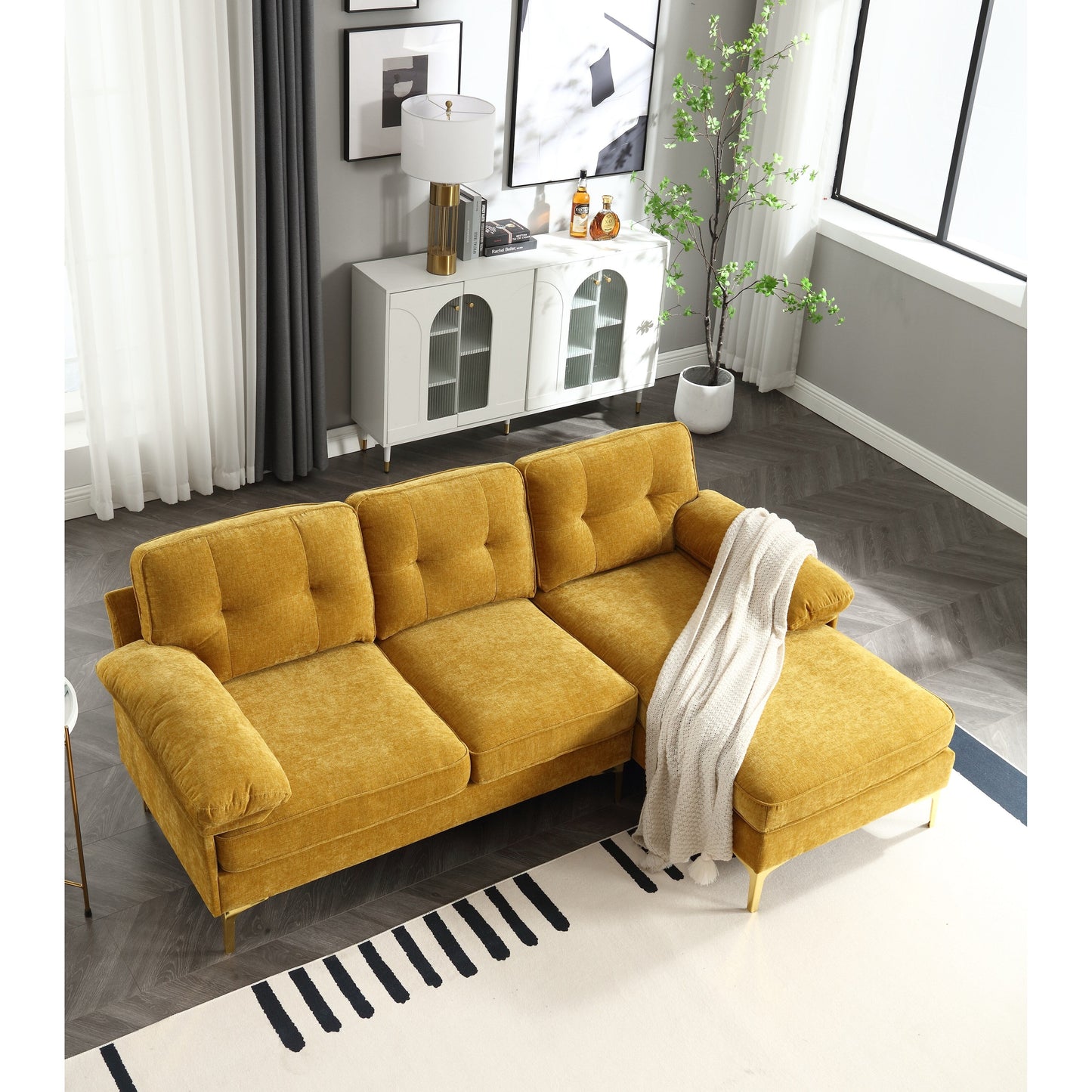 Canapé 3 places en tissu jaune 85'' en forme de L avec cadre en bois de haute qualité, coussins à ressorts et coussins de taille