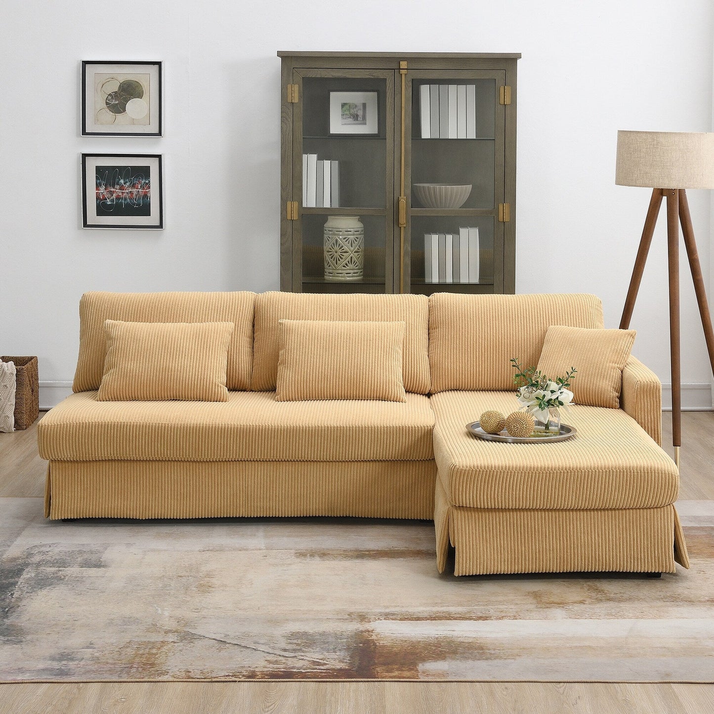 Canapé 3 places en L jaune 87 avec méridienne réversible et 3 coussins, design compact pour le salon