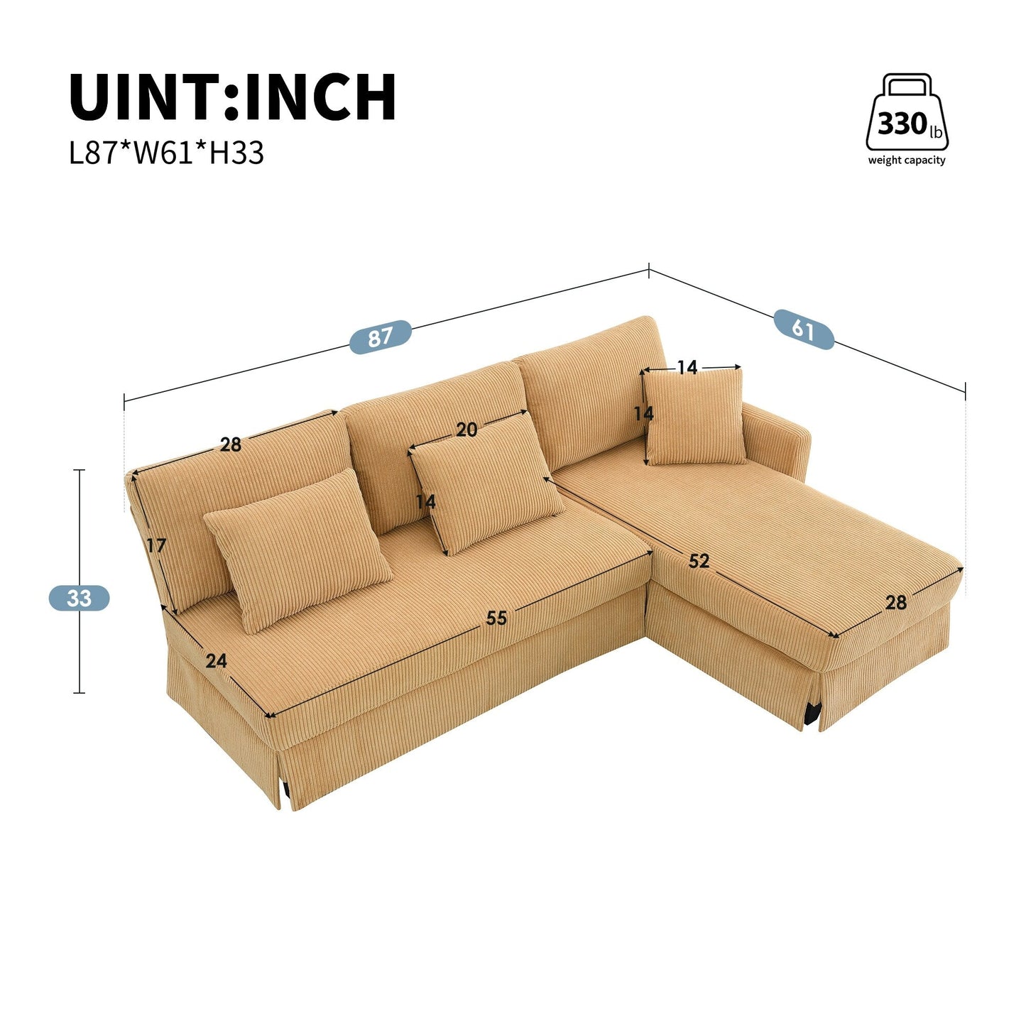 Canapé 3 places en L jaune 87 avec méridienne réversible et 3 coussins, design compact pour le salon