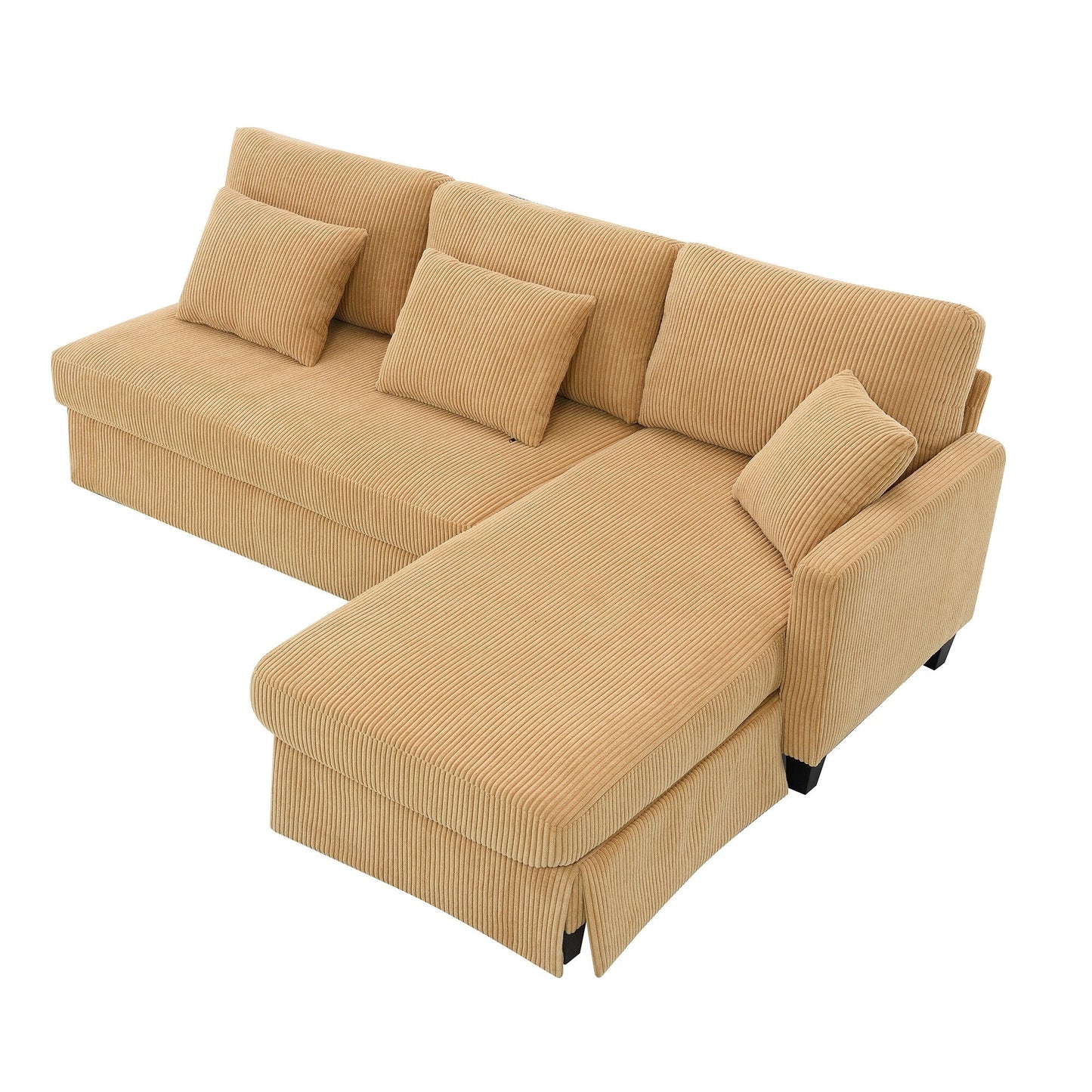 Canapé 3 places en L jaune 87 avec méridienne réversible et 3 coussins, design compact pour le salon