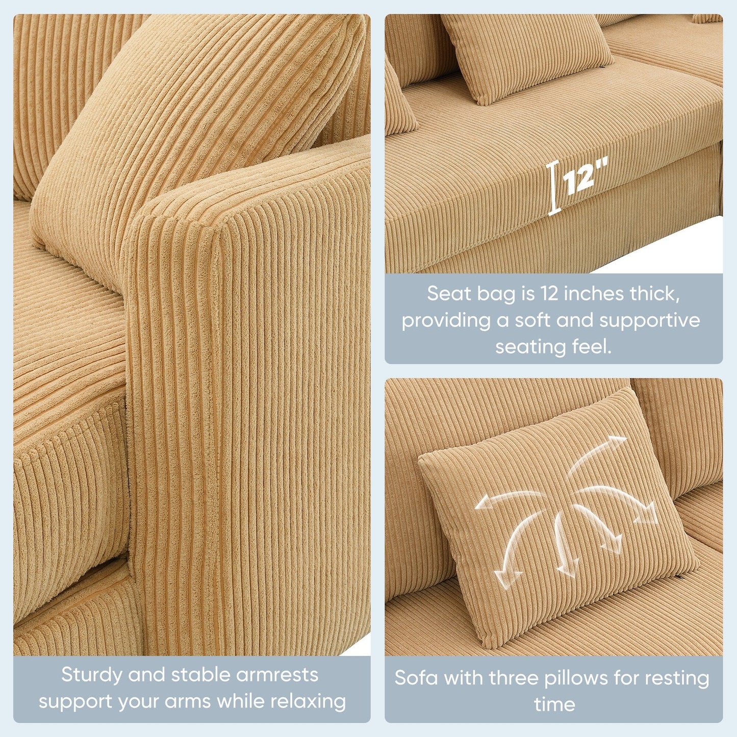 Canapé 3 places en L jaune 87 avec méridienne réversible et 3 coussins, design compact pour le salon