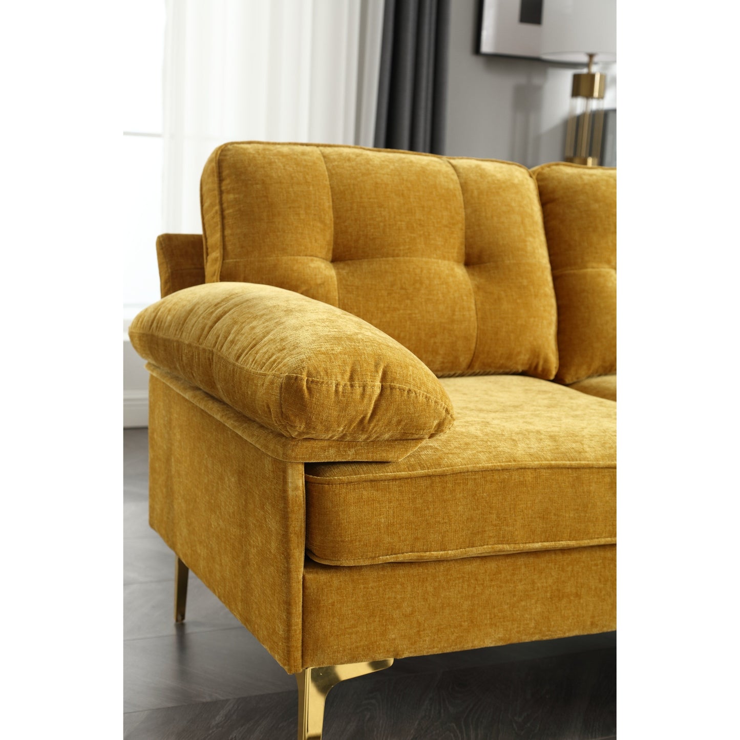 Canapé 3 places en L jaune moderne de 85 pouces, avec cadre en bois de haute qualité, coussins à ressorts et coussins de taille, design classique