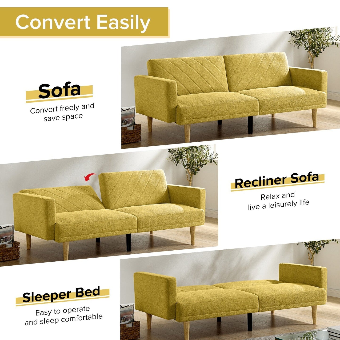 Canapé-lit futon en velours jaune flocon de neige
