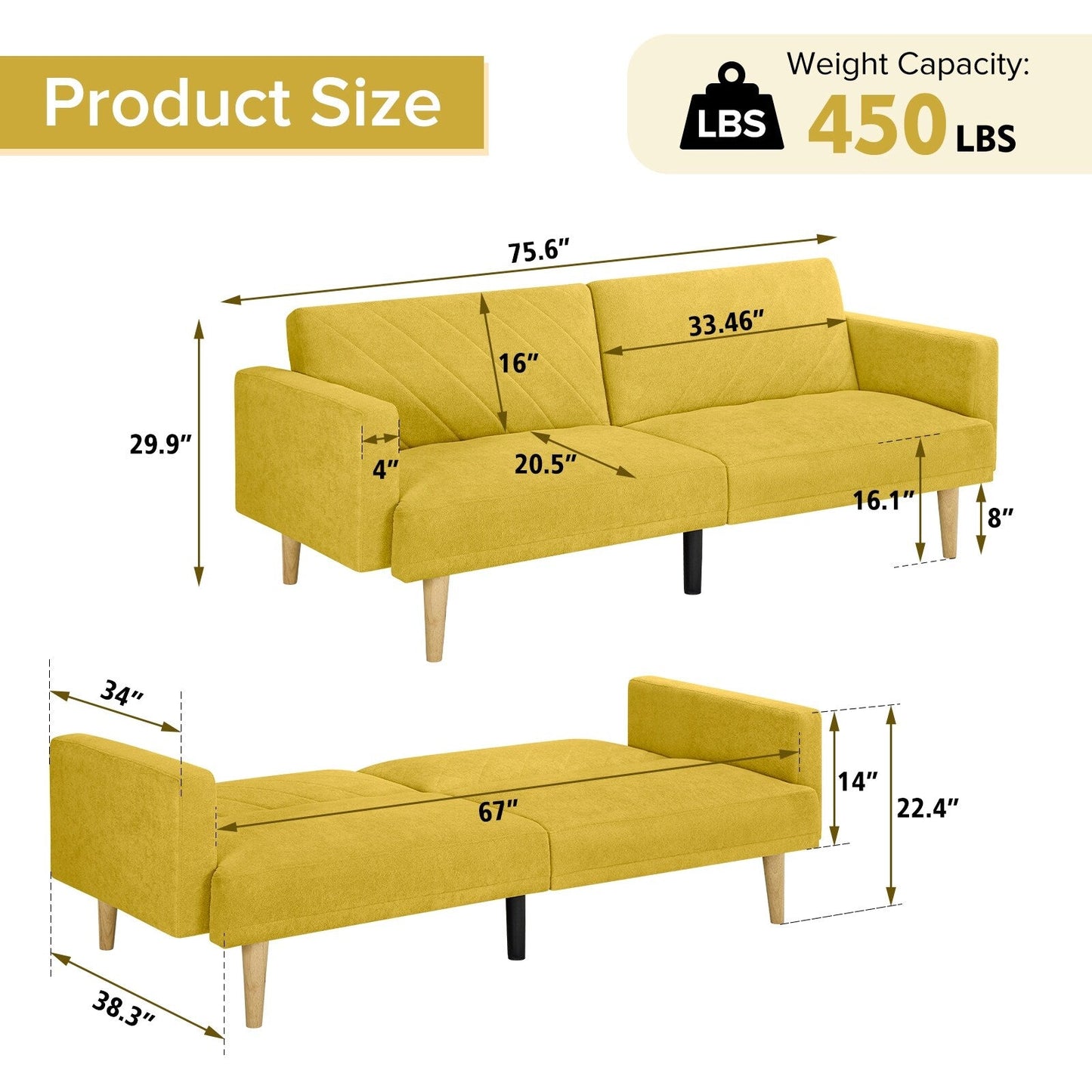 Canapé-lit futon en velours jaune flocon de neige