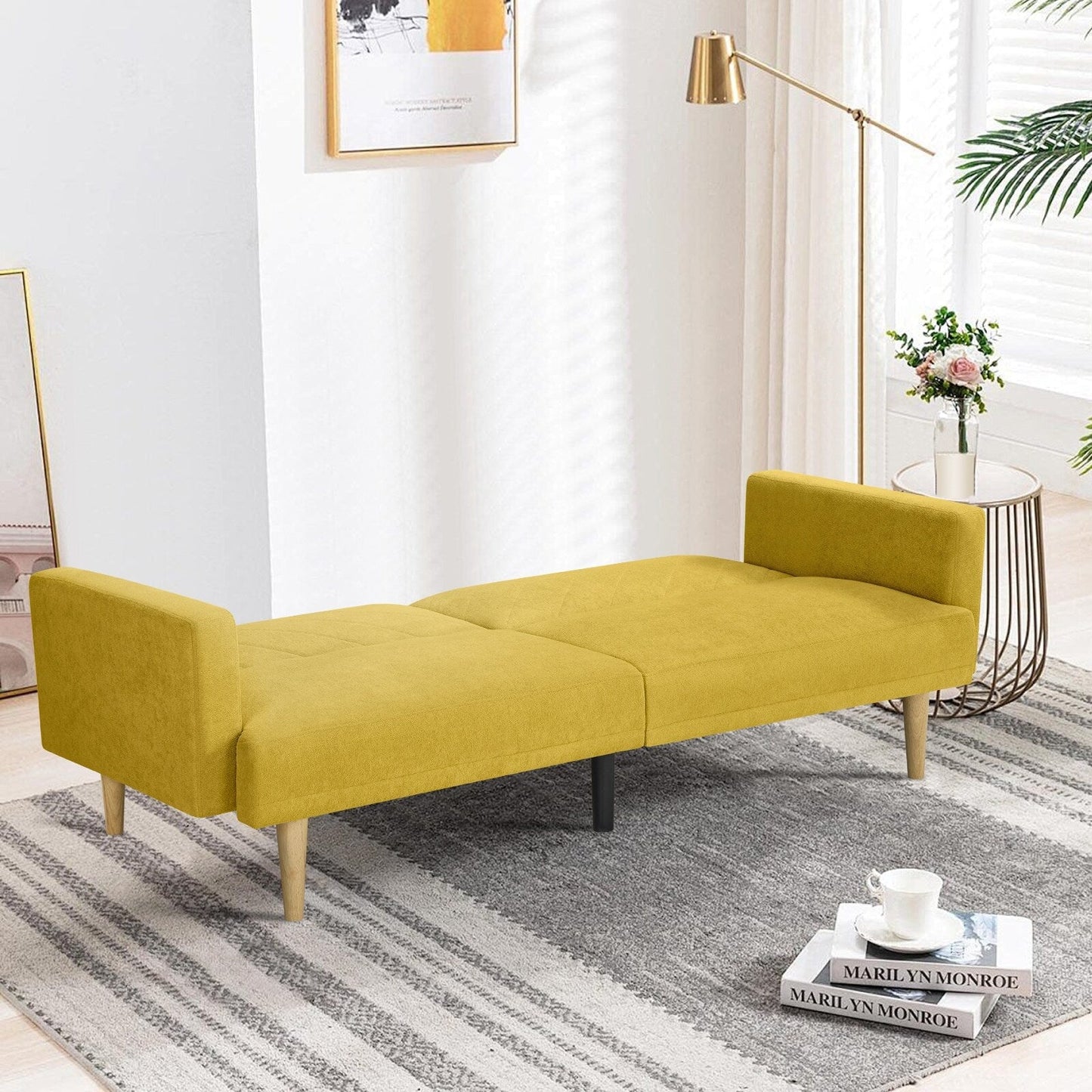 Canapé-lit futon en velours jaune flocon de neige