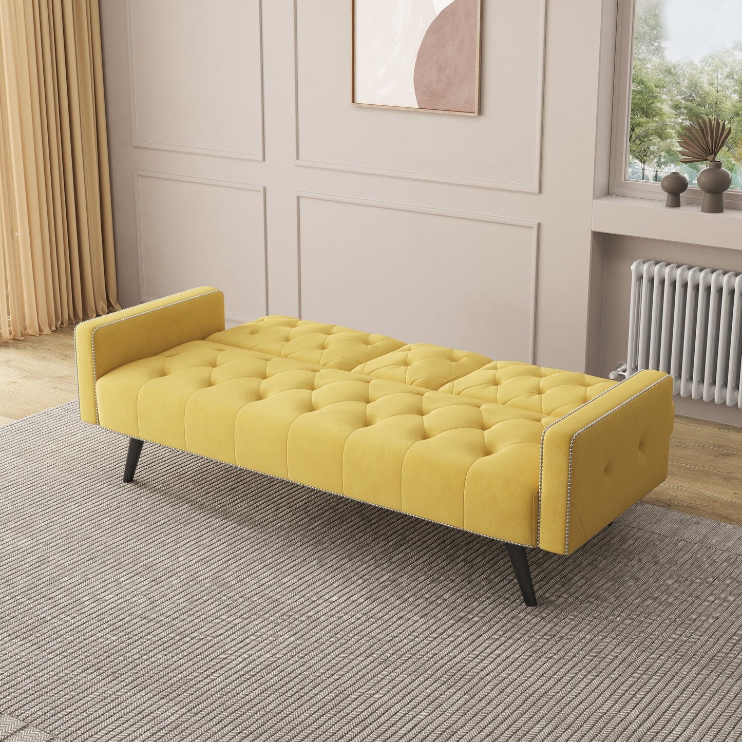 Canapé-lit 3 places en velours jaune avec tête de clou et porte-gobelets