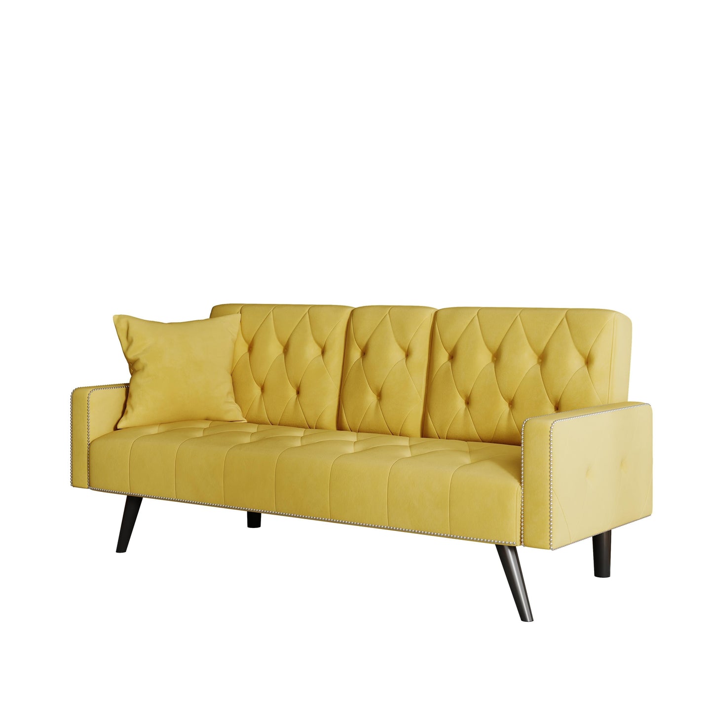 Canapé-lit 3 places en velours jaune avec tête de clou et porte-gobelets