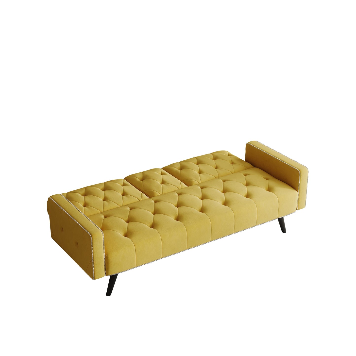 Canapé-lit 3 places en velours jaune avec tête de clou et porte-gobelets