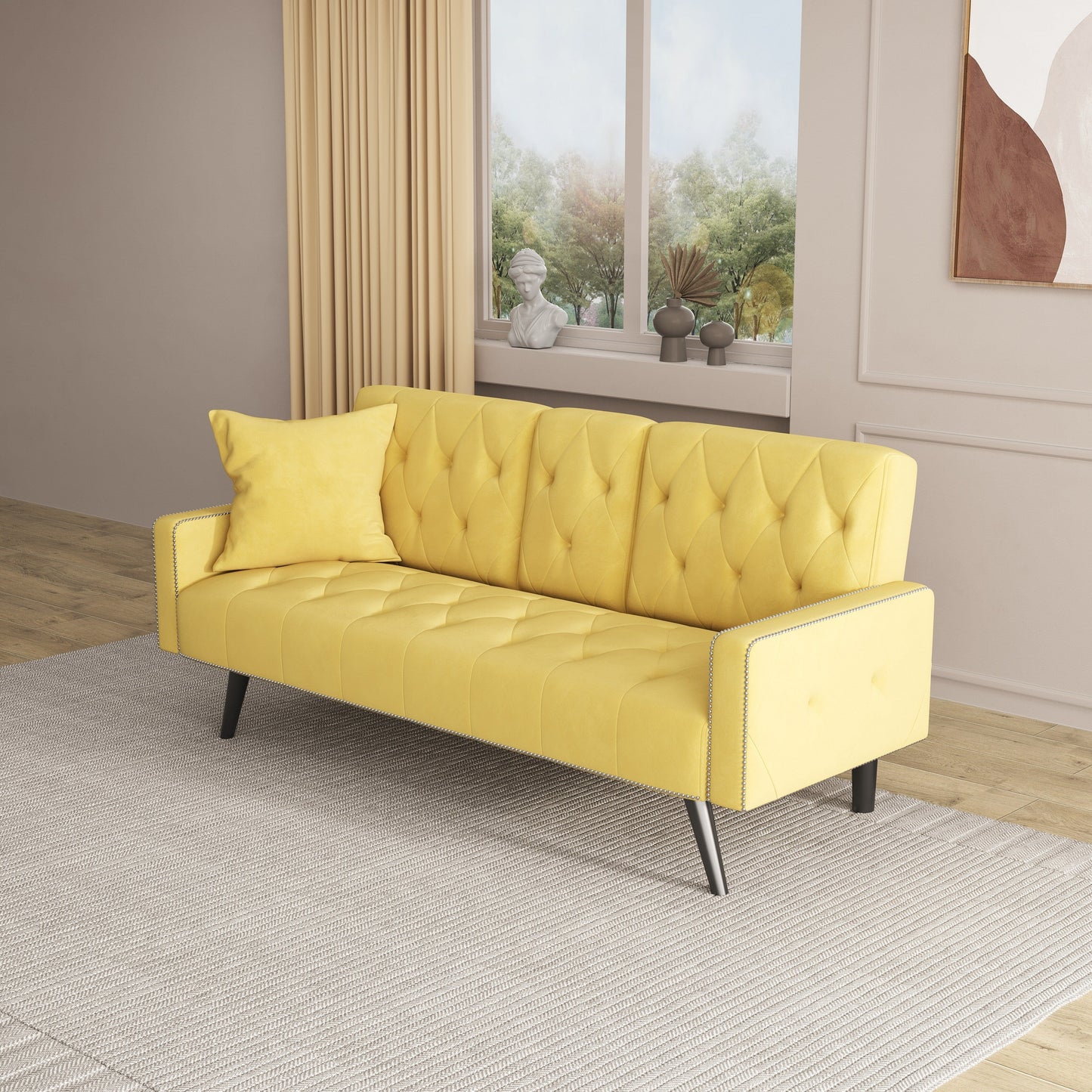 Canapé-lit 3 places en velours jaune avec tête de clou et porte-gobelets