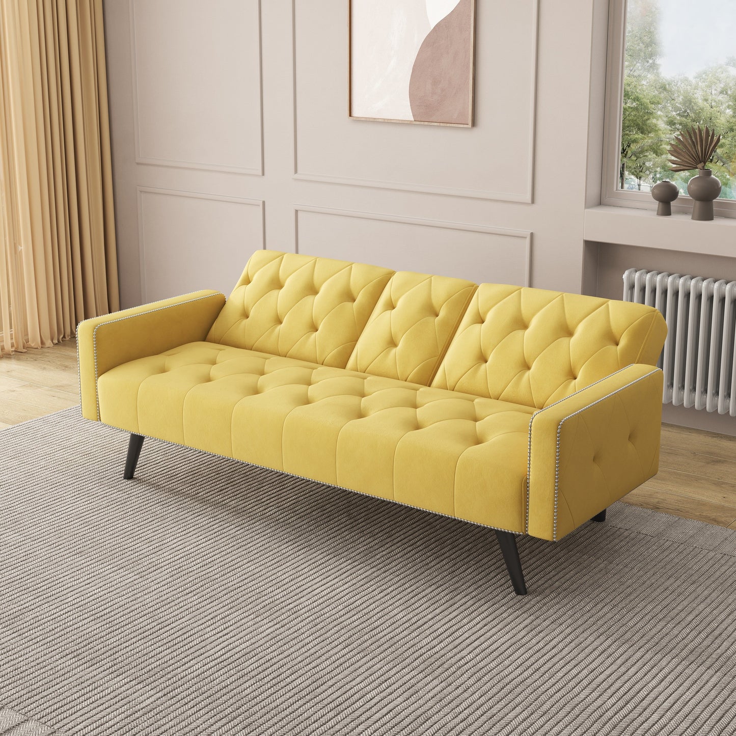 Canapé-lit 3 places en velours jaune avec tête de clou et porte-gobelets