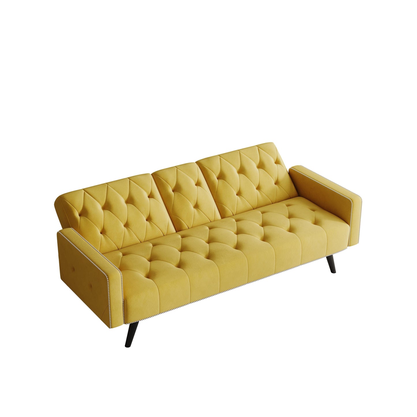 Canapé-lit 3 places en velours jaune avec tête de clou et porte-gobelets