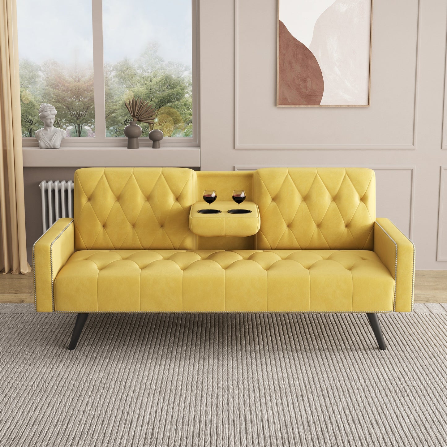Canapé-lit 3 places en velours jaune avec tête de clou et porte-gobelets