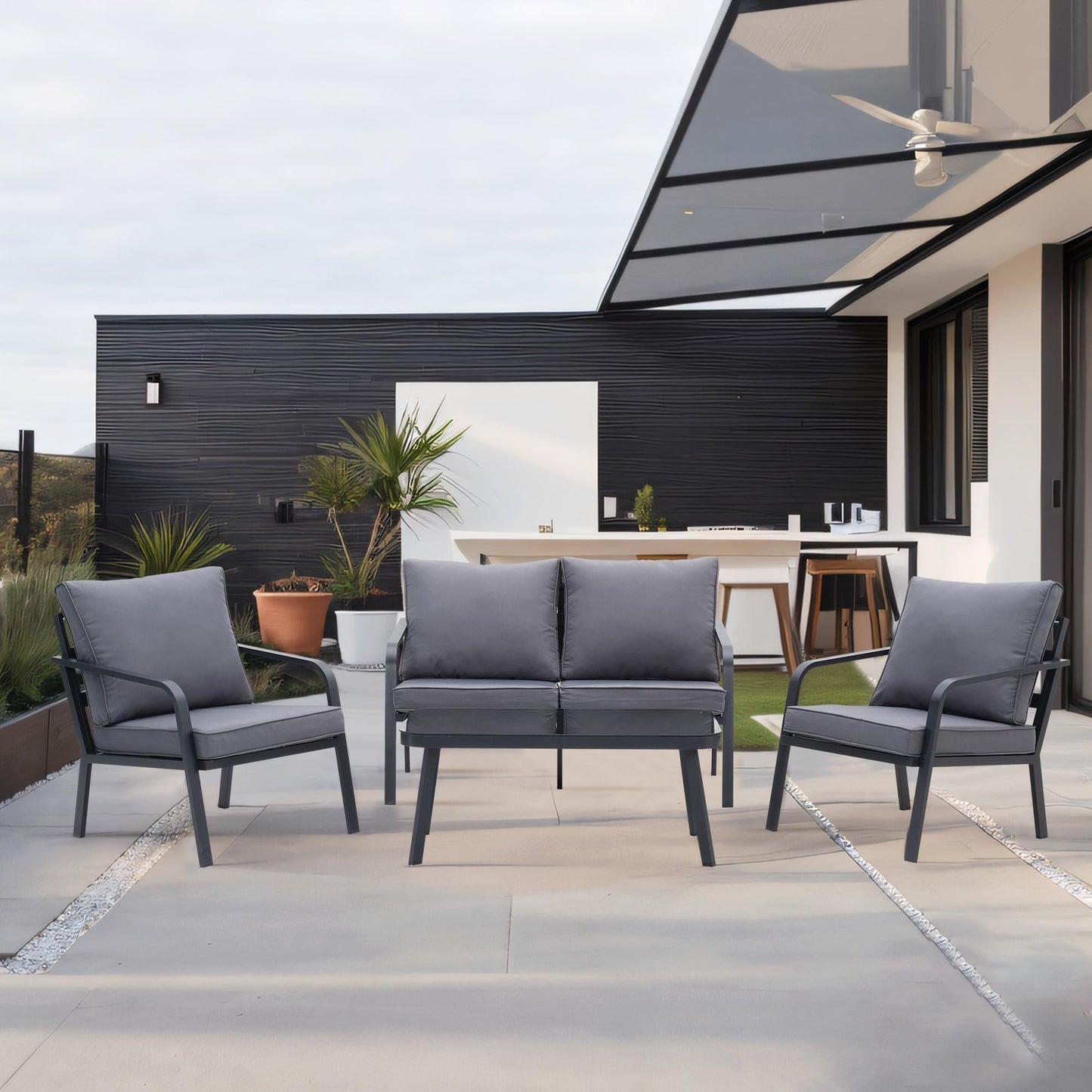 Ensemble de salon de jardin Zenova 2/4 pièces en aluminium avec canapé sectionnel et chaises simples
