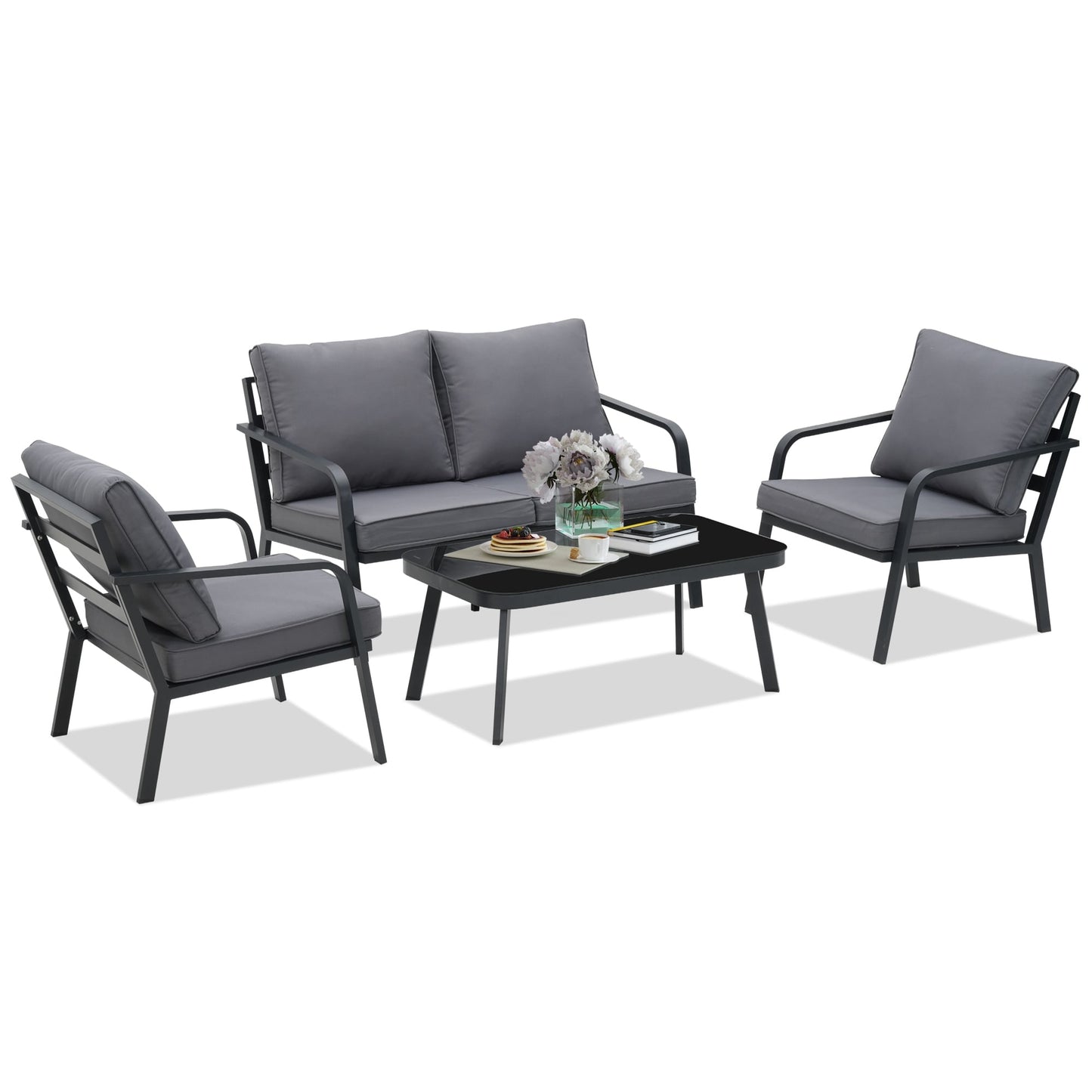 Ensemble de salon de jardin Zenova 2/4 pièces en aluminium avec canapé sectionnel et chaises simples