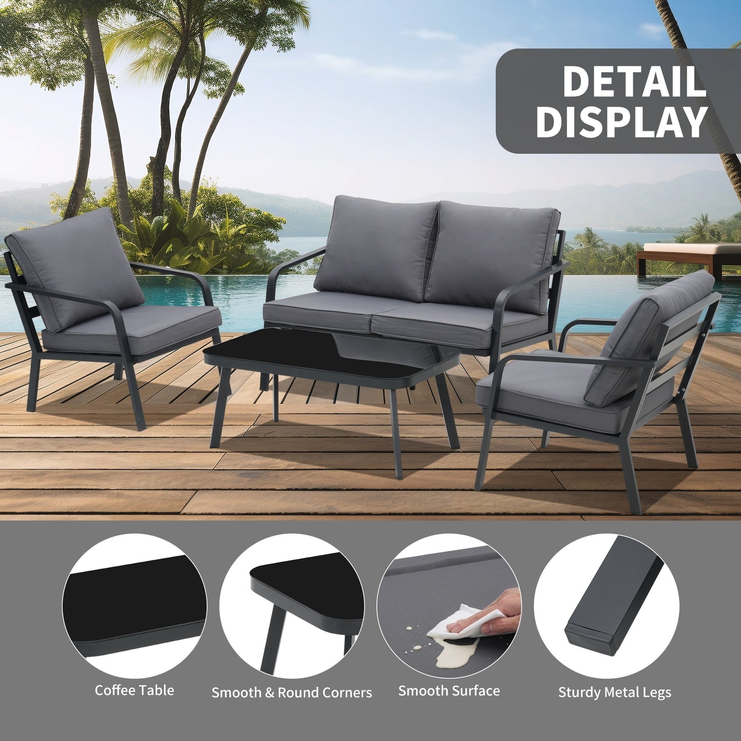 Ensemble de salon de jardin Zenova 2/4 pièces en aluminium avec canapé sectionnel et chaises simples