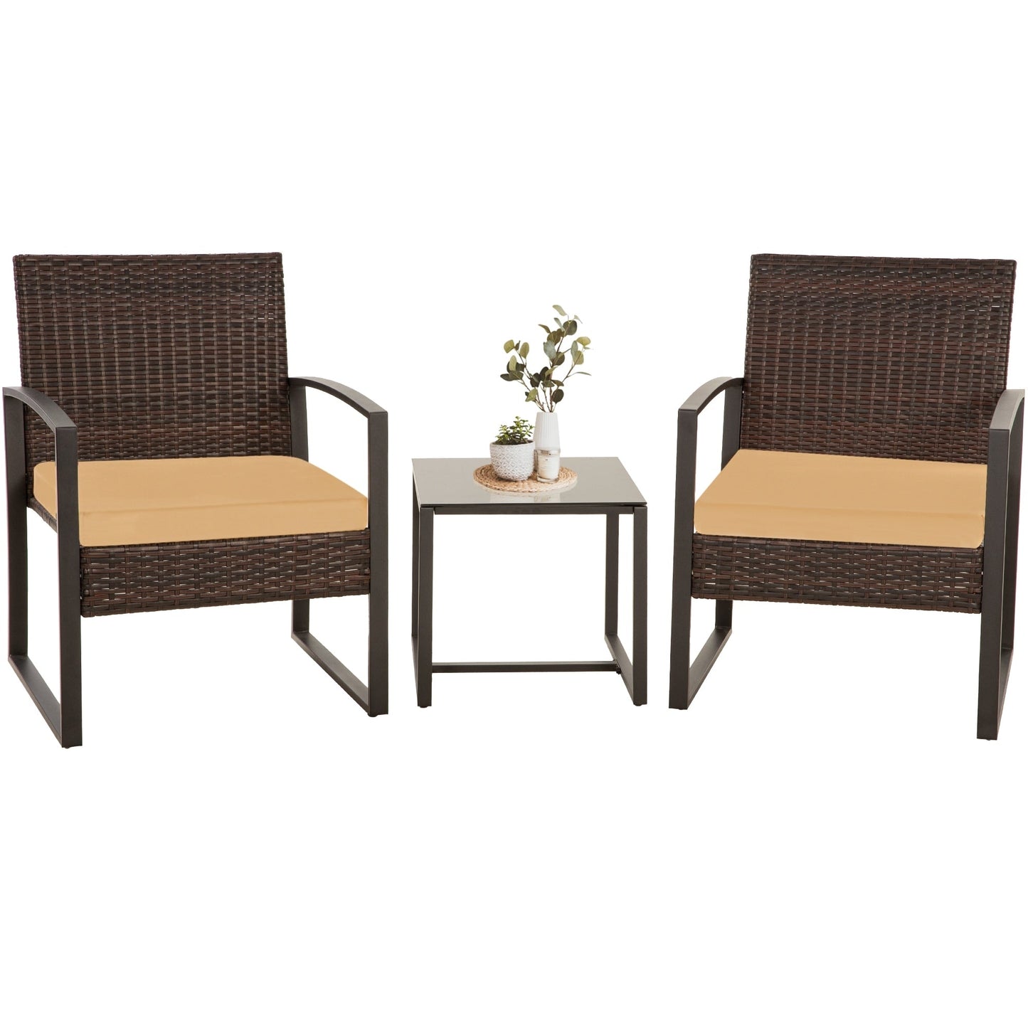 Ensemble de salon de jardin Zenova 3 pièces, table et chaises en osier, ensemble de 2, mobilier de balcon en rotin toutes saisons