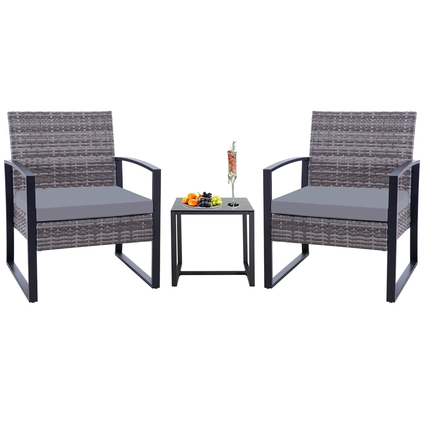 Ensemble de salon de jardin Zenova 3 pièces, table et chaises en osier, ensemble de 2, mobilier de balcon en rotin toutes saisons