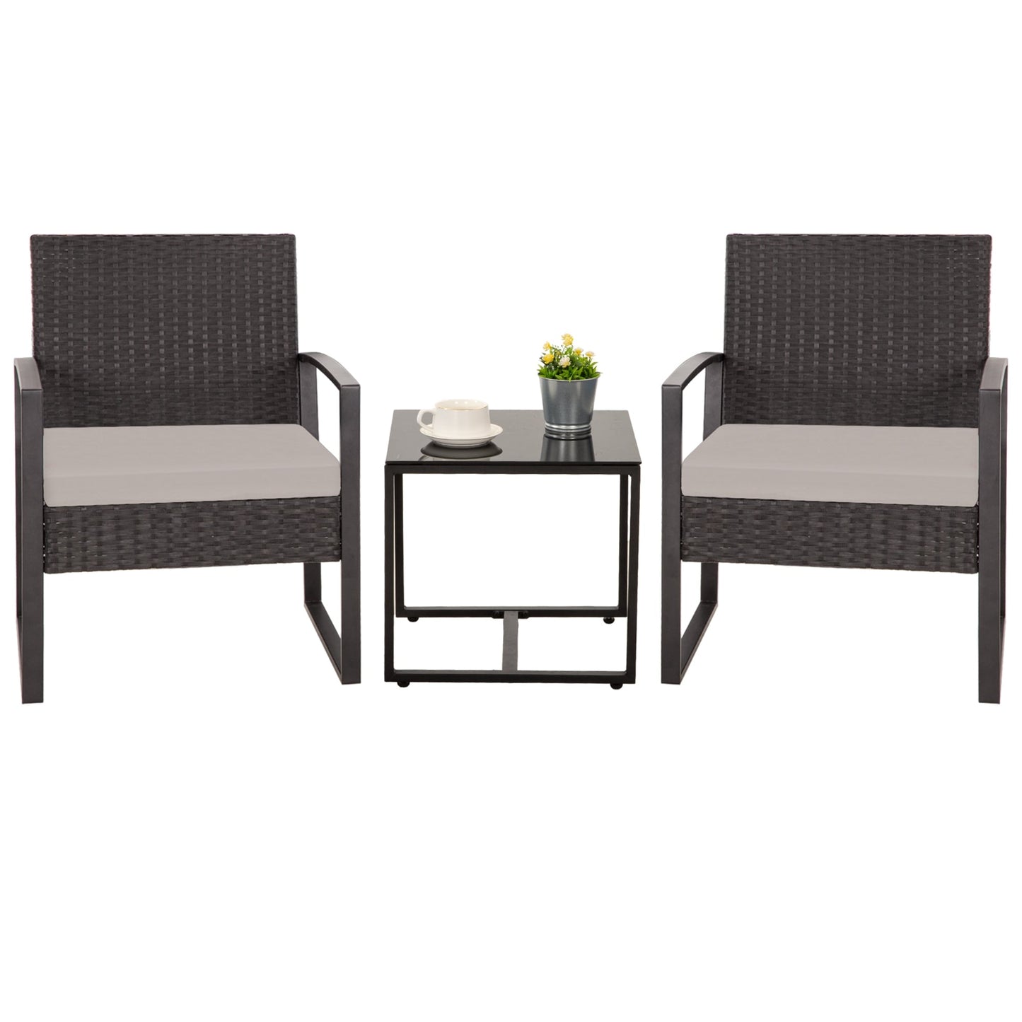 Ensemble de salon de jardin Zenova 3 pièces, table et chaises en osier, ensemble de 2, mobilier de balcon en rotin toutes saisons