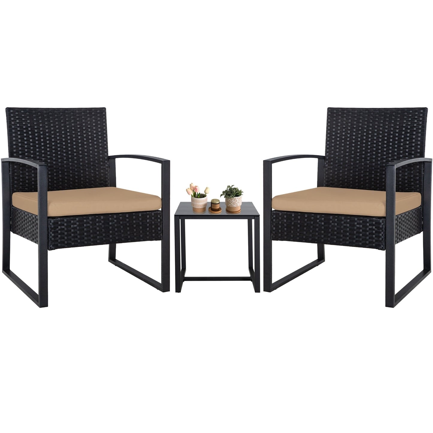 Ensemble de salon de jardin Zenova 3 pièces, table et chaises en osier, ensemble de 2, mobilier de balcon en rotin toutes saisons