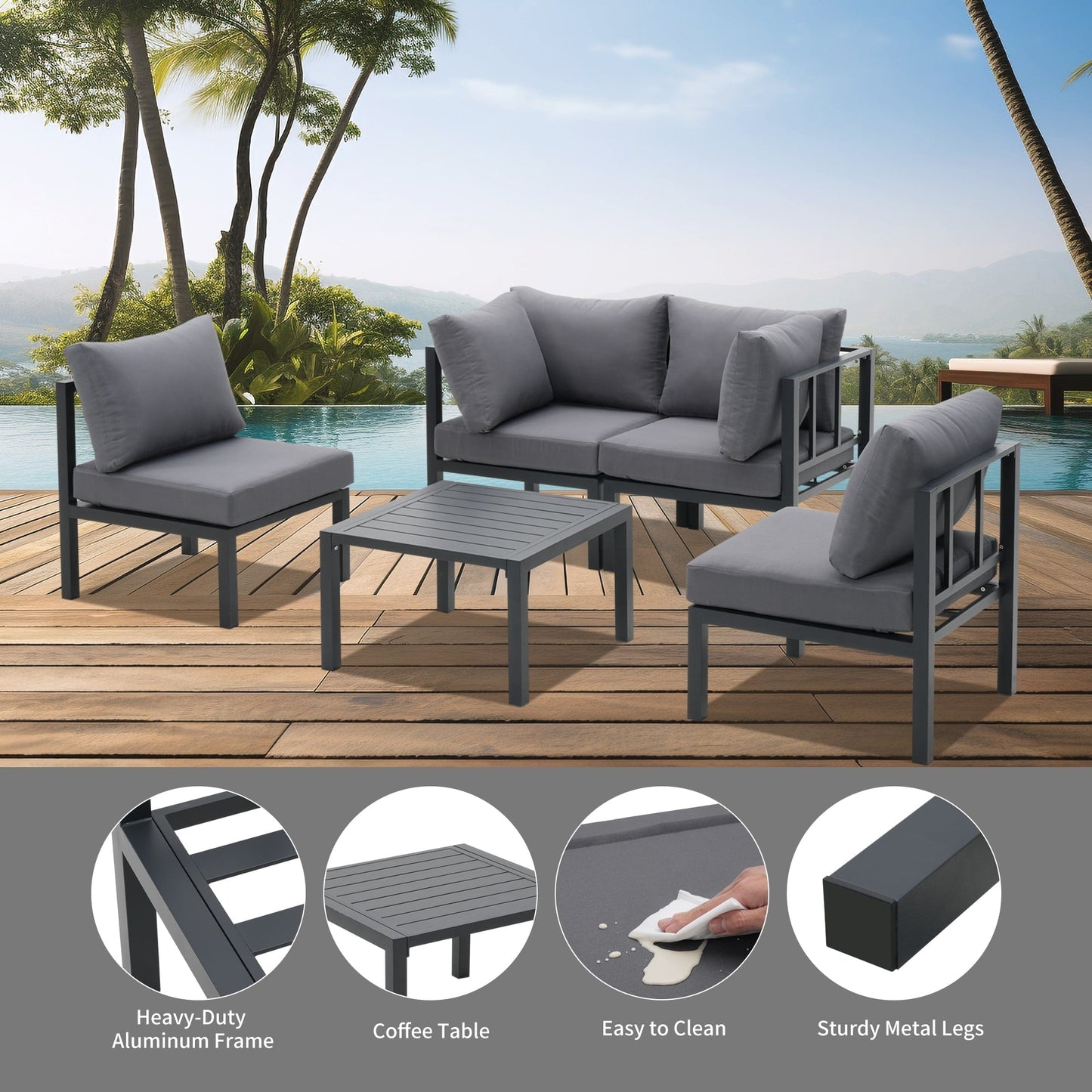 Ensemble de meubles de jardin en aluminium Zenova 5/7 pièces, canapé d'extérieur sectionnel