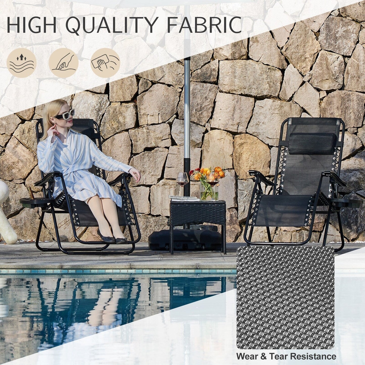Chaise longue d'extérieur pliable à gravité zéro avec appui-tête, porte-gobelet et plateau amovible