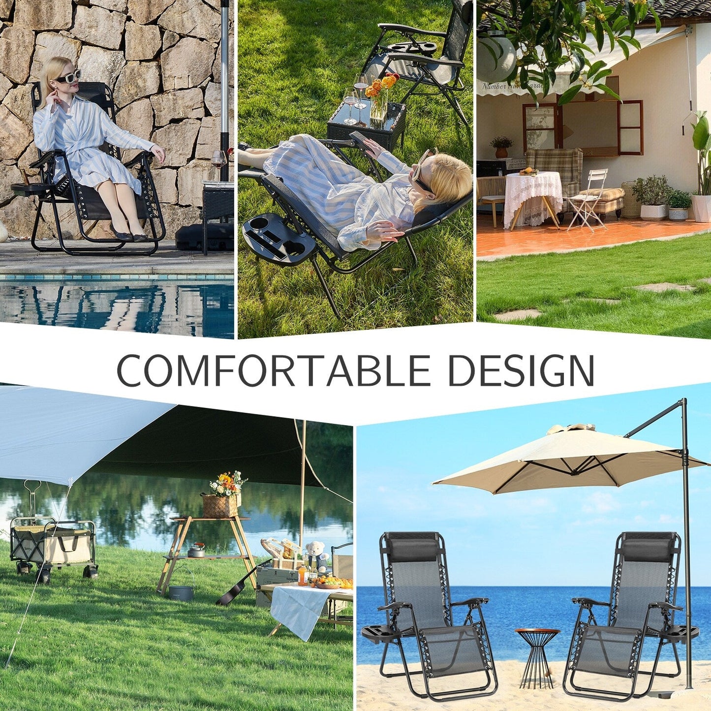 Chaise longue d'extérieur pliable à gravité zéro avec appui-tête, porte-gobelet et plateau amovible