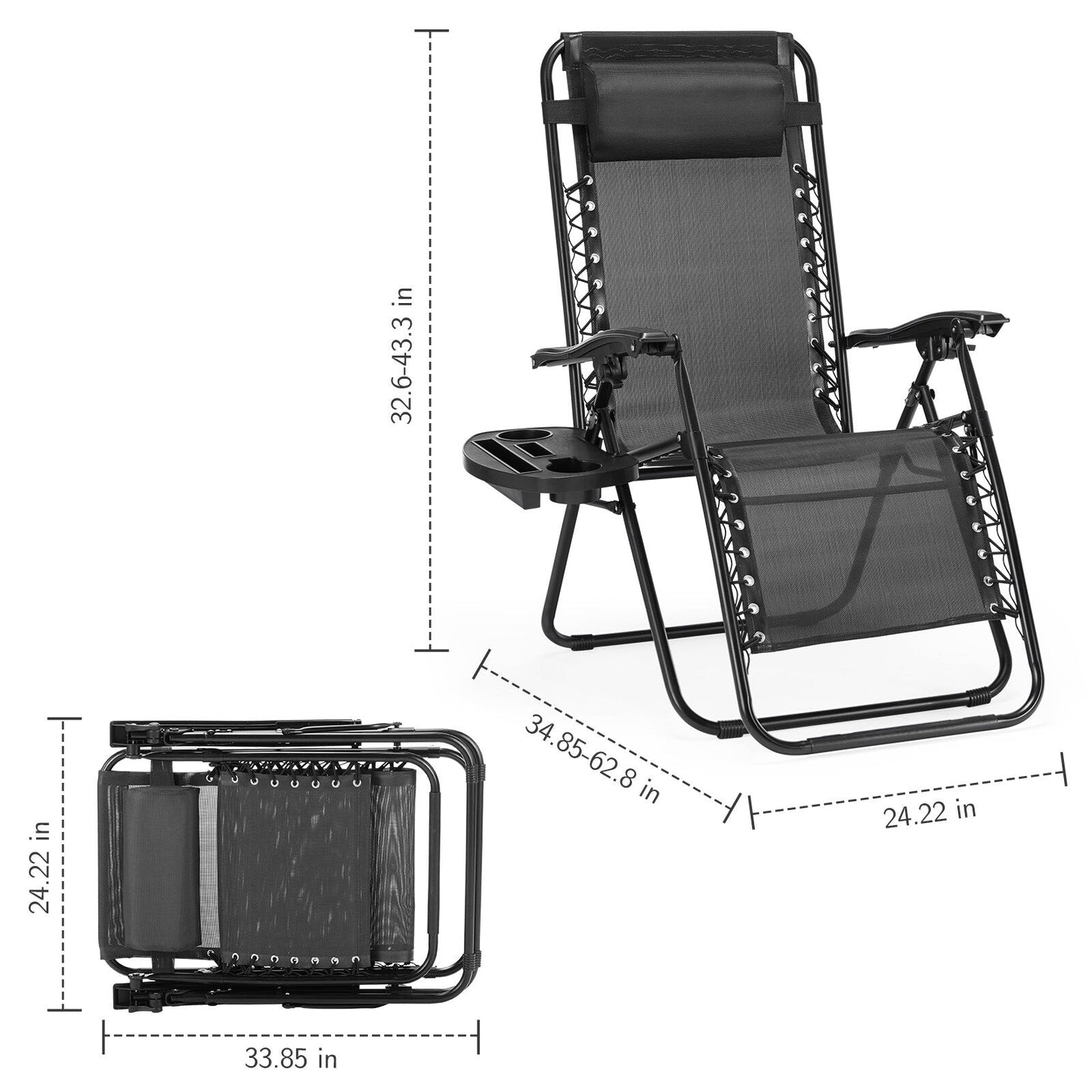 Chaise longue d'extérieur pliable à gravité zéro avec appui-tête, porte-gobelet et plateau amovible