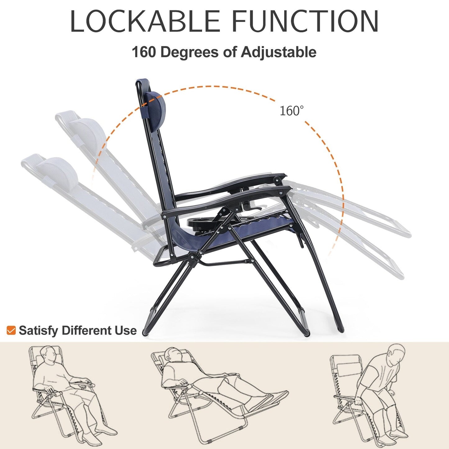 Chaise longue d'extérieur pliable à gravité zéro avec appui-tête, porte-gobelet et plateau amovible
