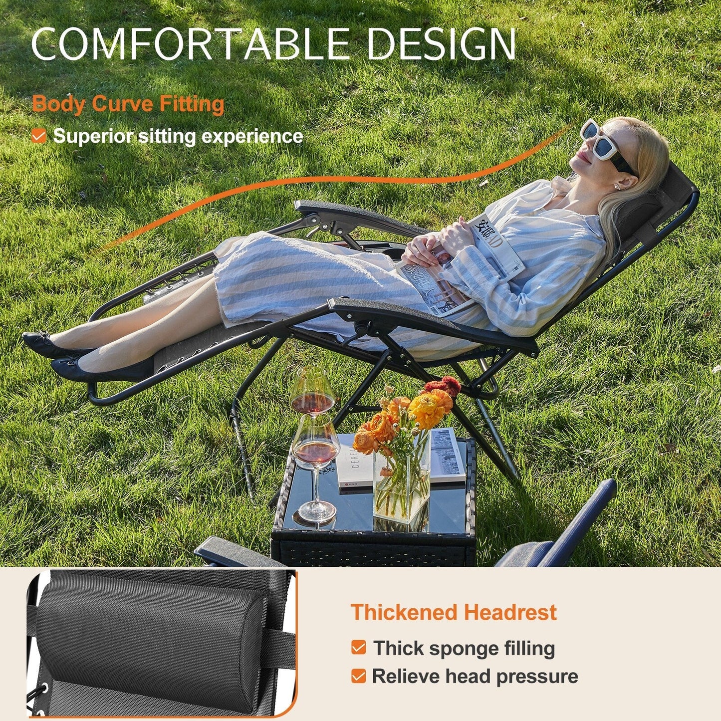 Chaise longue d'extérieur pliable à gravité zéro avec appui-tête, porte-gobelet et plateau amovible