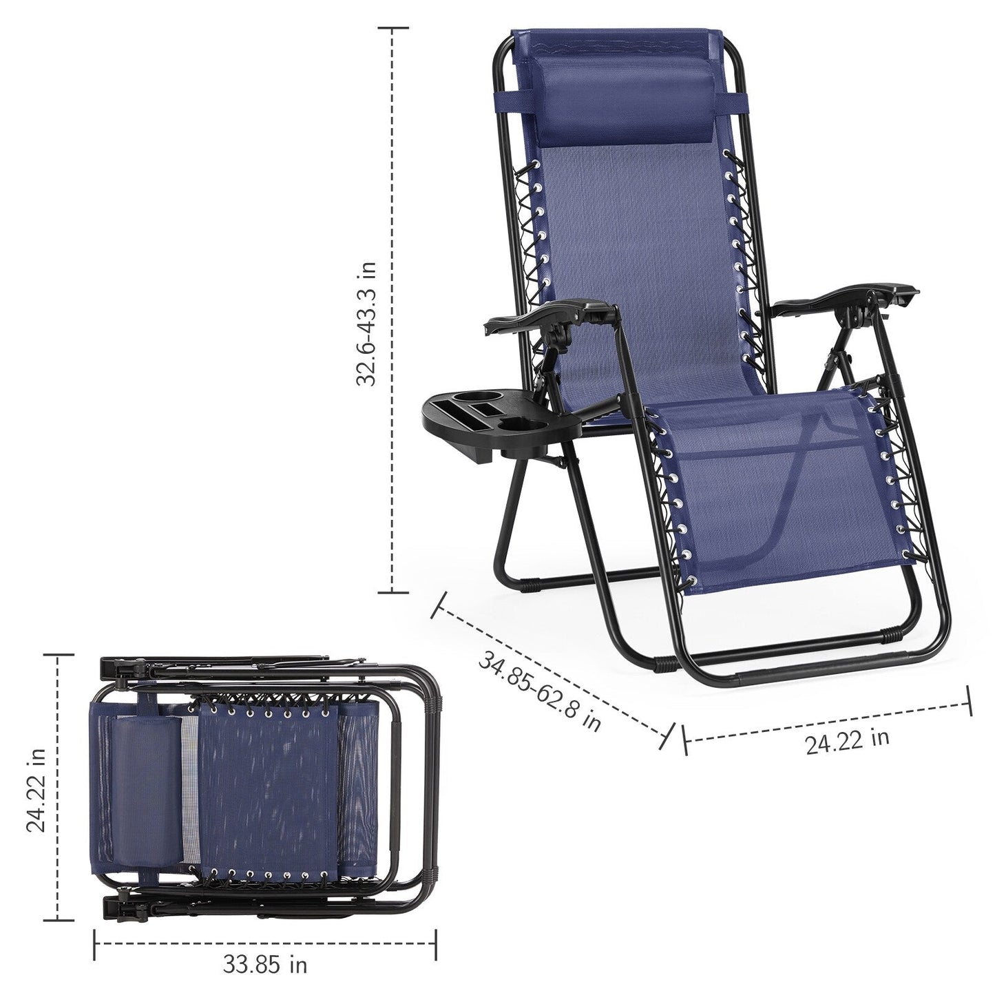 Chaise longue d'extérieur pliable à gravité zéro avec appui-tête, porte-gobelet et plateau amovible