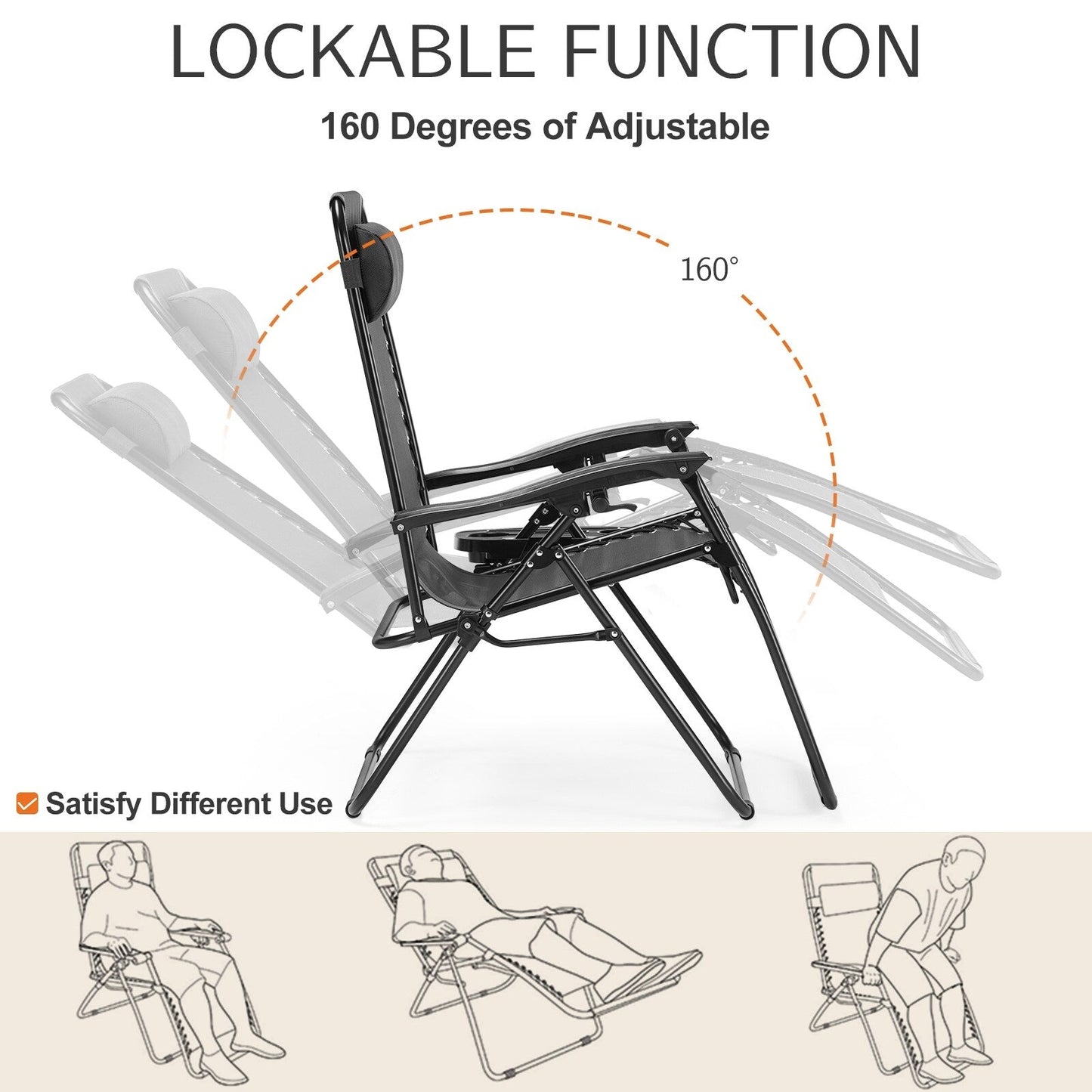 Chaise longue d'extérieur pliable à gravité zéro avec appui-tête, porte-gobelet et plateau amovible