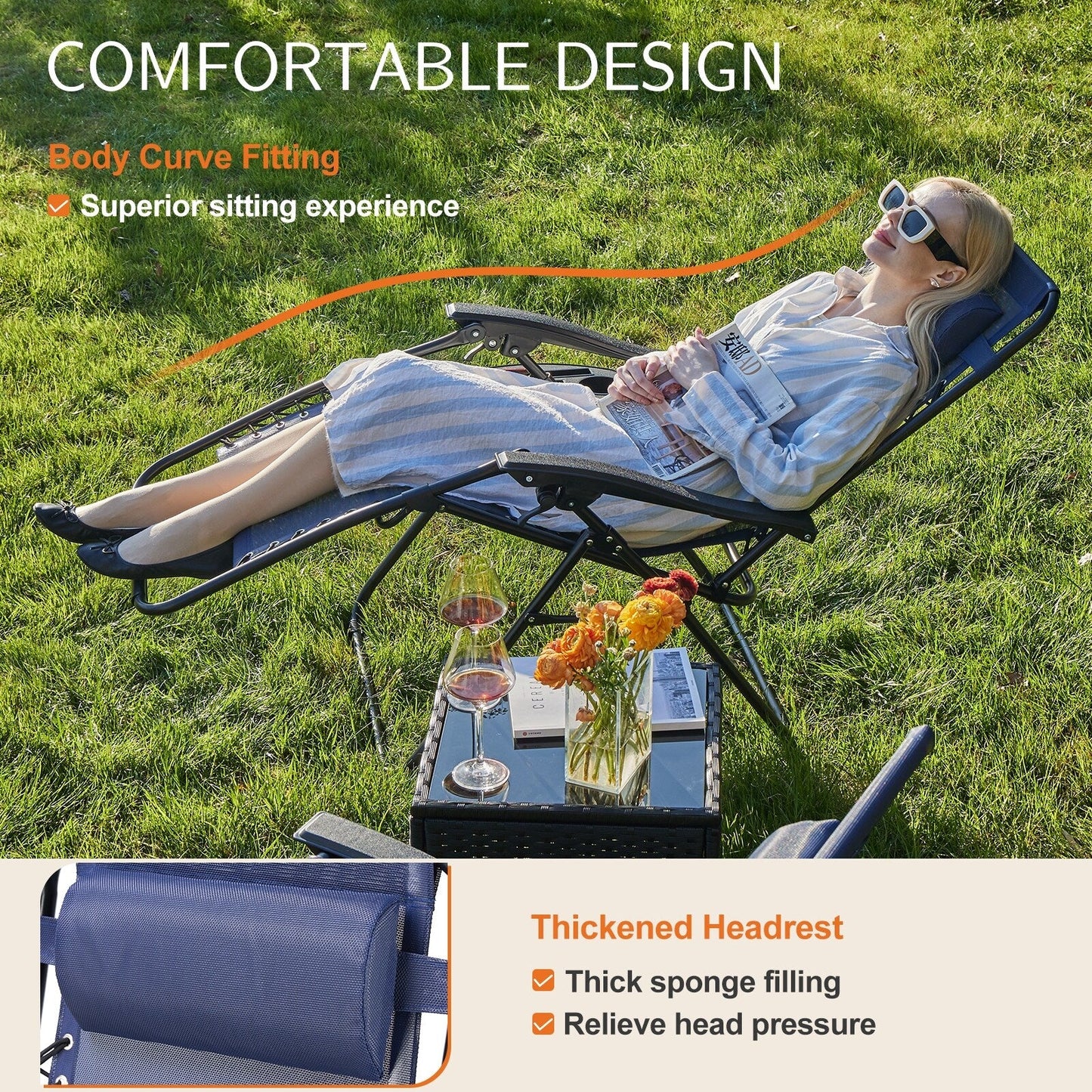 Chaise longue d'extérieur pliable à gravité zéro avec appui-tête, porte-gobelet et plateau amovible