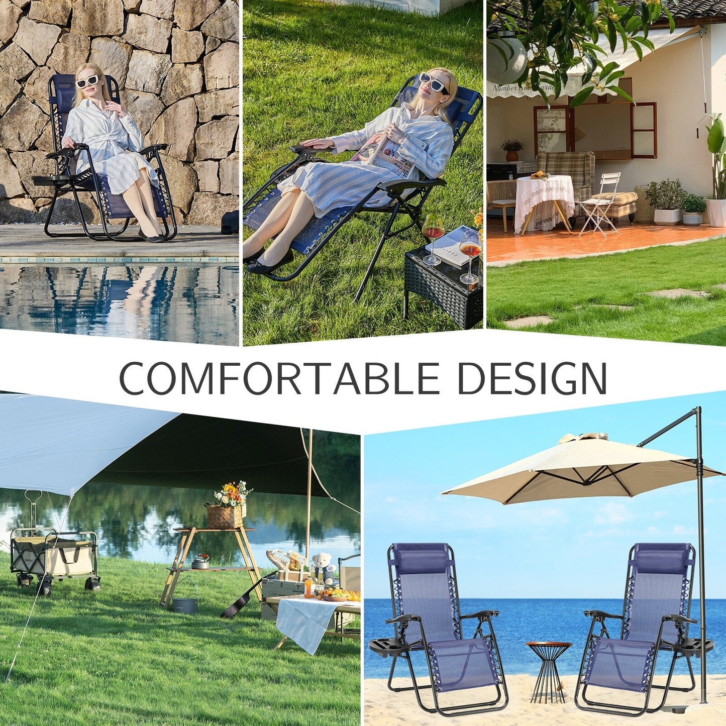 Chaise longue d'extérieur pliable à gravité zéro avec appui-tête, porte-gobelet et plateau amovible